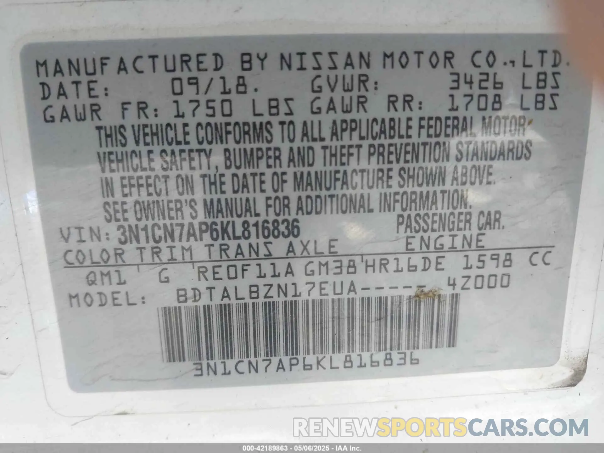 9 Photograph of a damaged car 3N1CN7AP6KL816836 NISSAN VERSA 2019