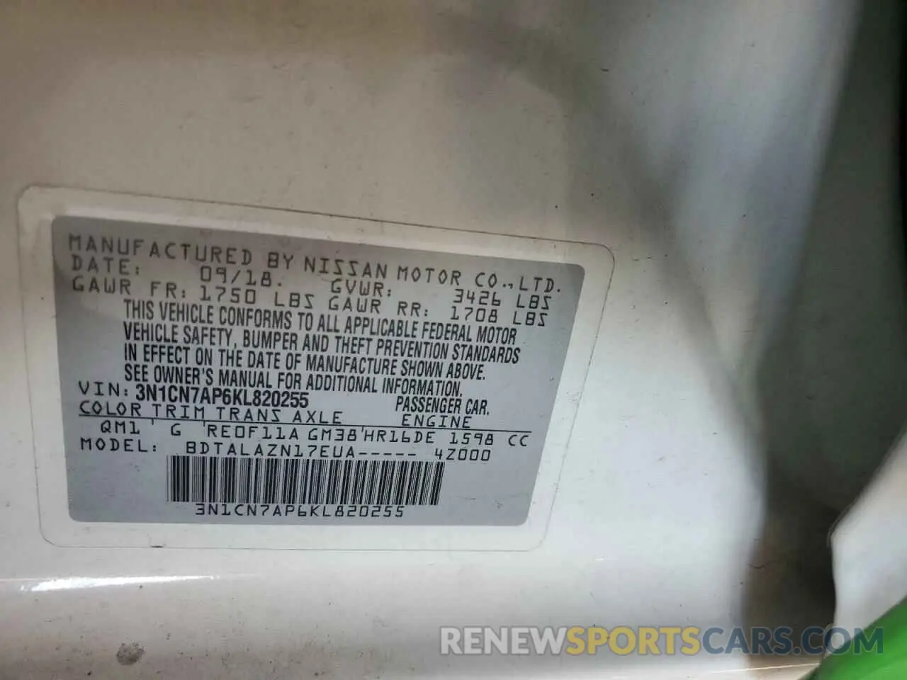 12 Photograph of a damaged car 3N1CN7AP6KL820255 NISSAN VERSA 2019