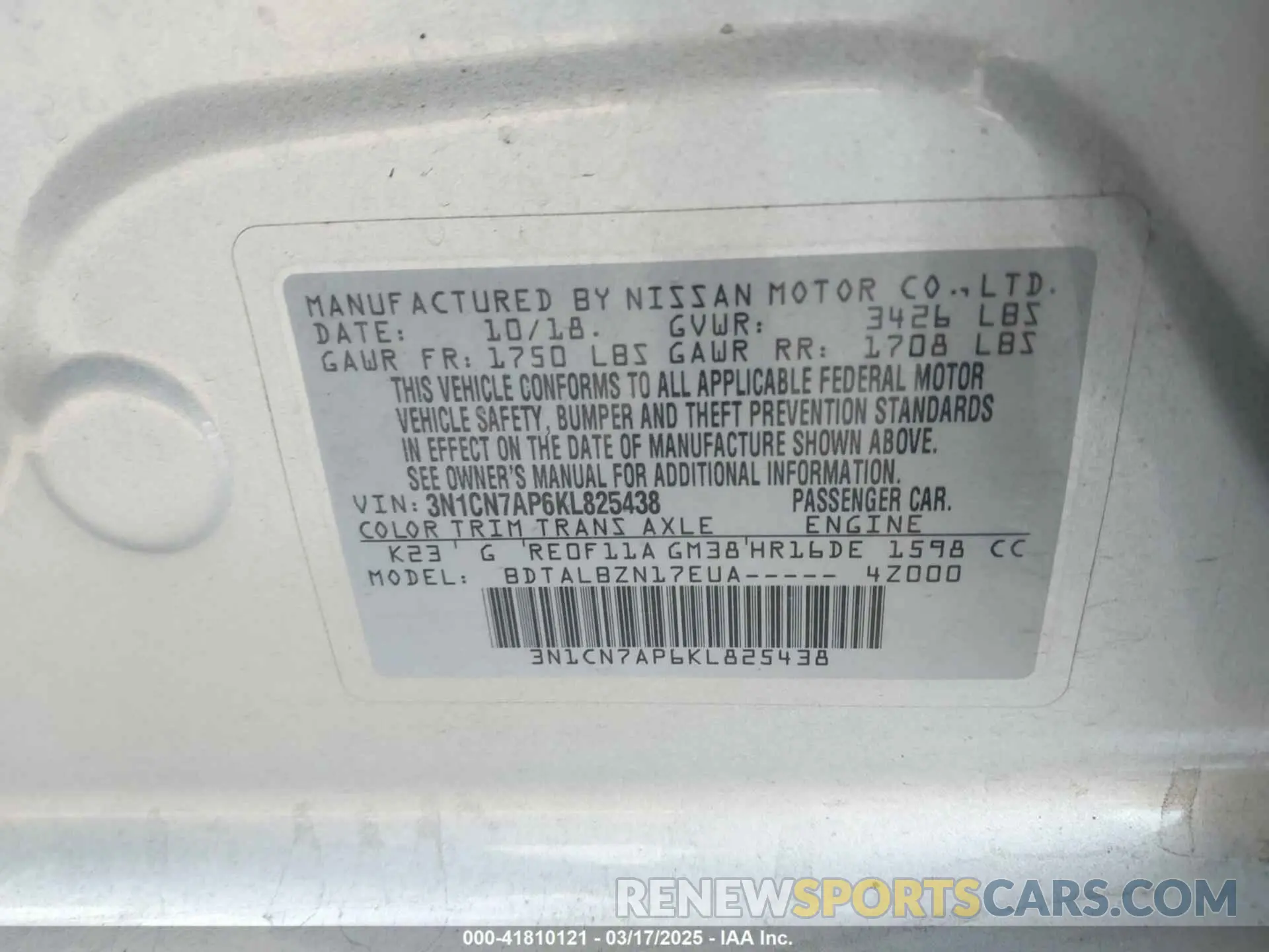 9 Photograph of a damaged car 3N1CN7AP6KL825438 NISSAN VERSA 2019
