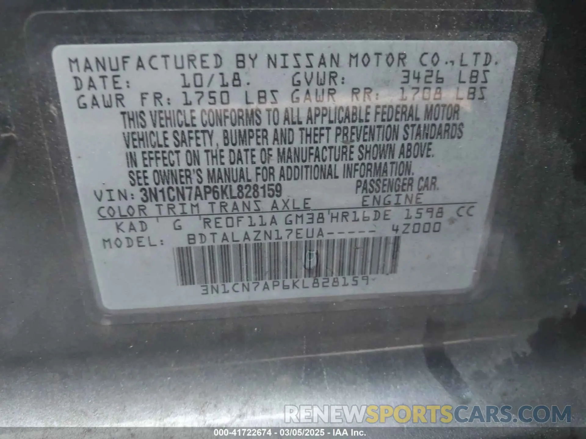 9 Photograph of a damaged car 3N1CN7AP6KL828159 NISSAN VERSA 2019