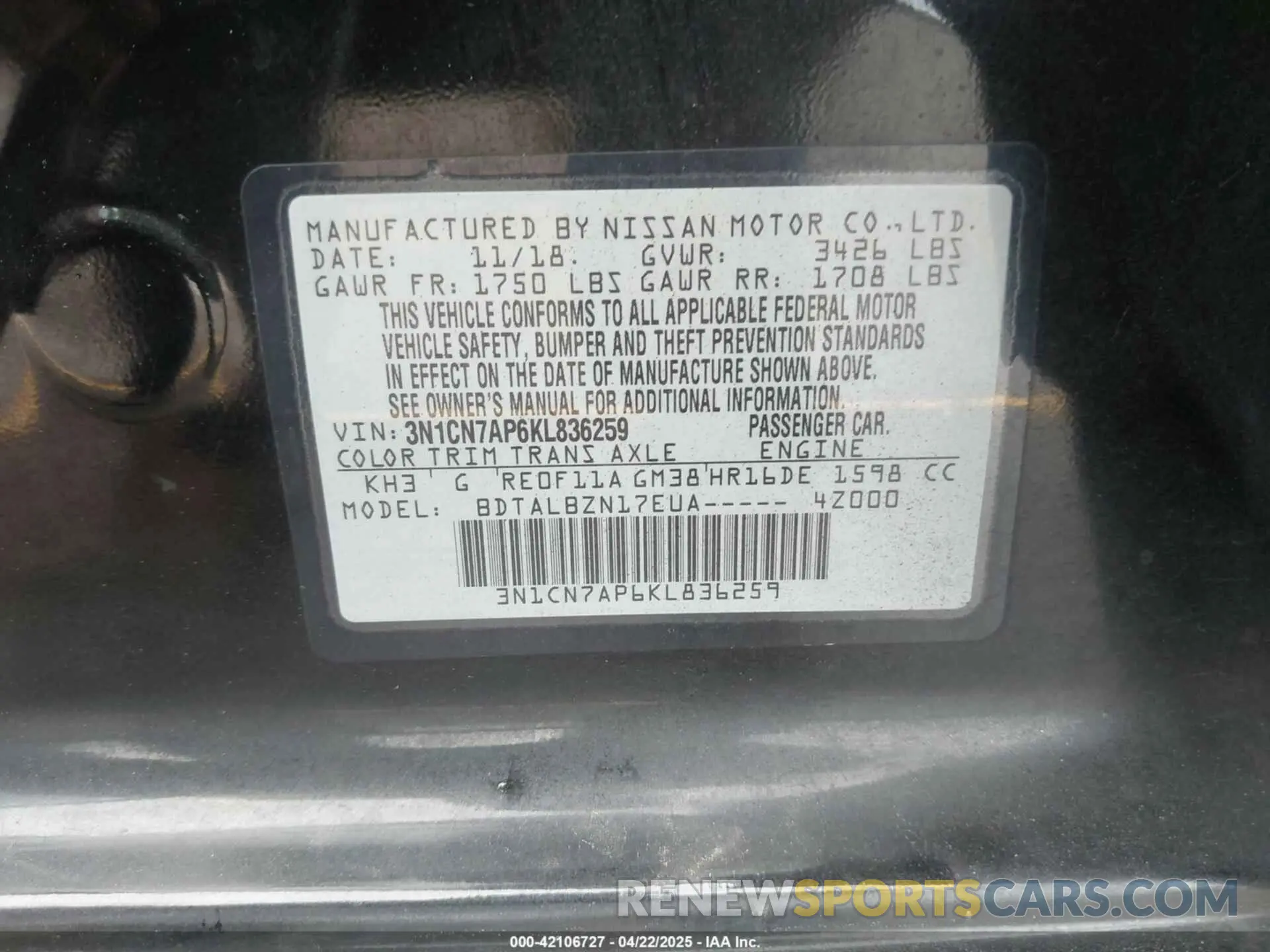 9 Photograph of a damaged car 3N1CN7AP6KL836259 NISSAN VERSA 2019