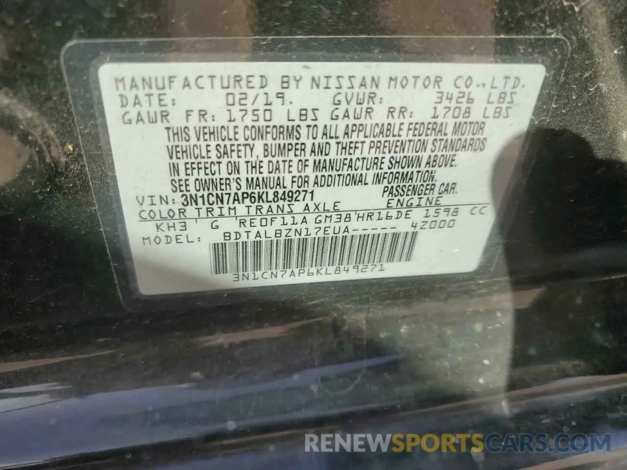 12 Photograph of a damaged car 3N1CN7AP6KL849271 NISSAN VERSA 2019