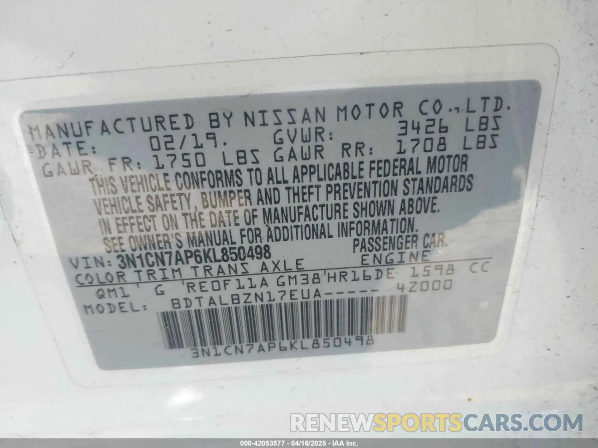 9 Photograph of a damaged car 3N1CN7AP6KL850498 NISSAN VERSA 2019