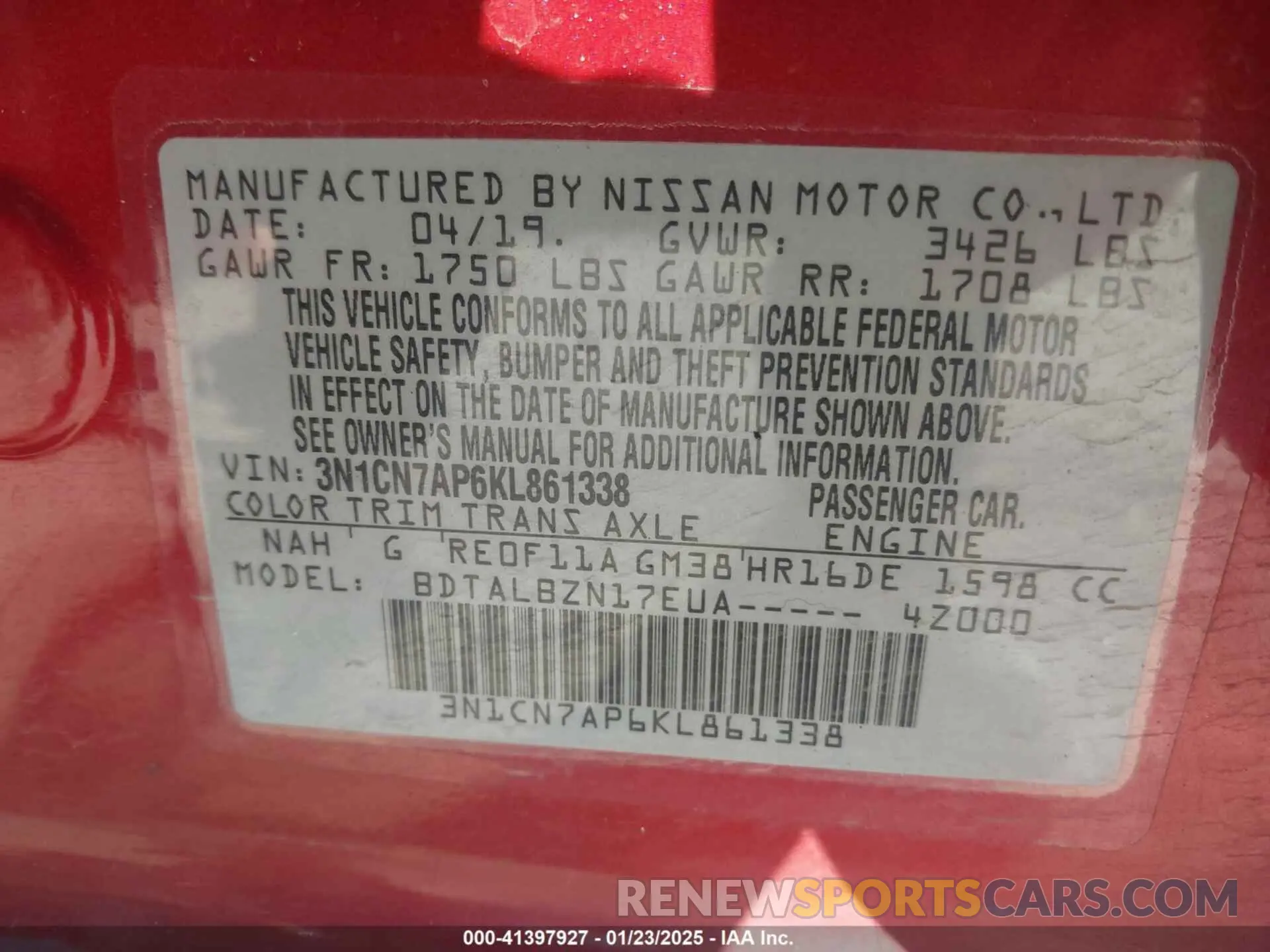 9 Photograph of a damaged car 3N1CN7AP6KL861338 NISSAN VERSA 2019