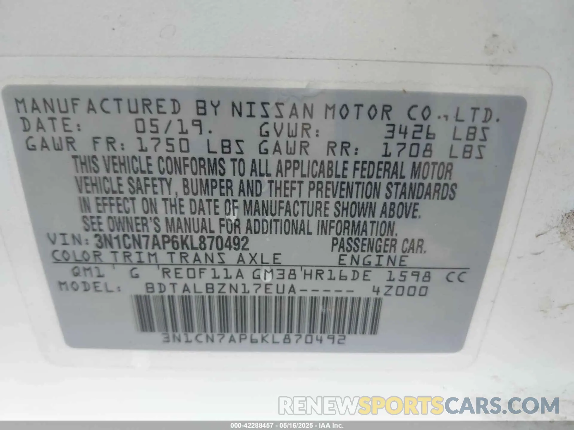 9 Photograph of a damaged car 3N1CN7AP6KL870492 NISSAN VERSA 2019