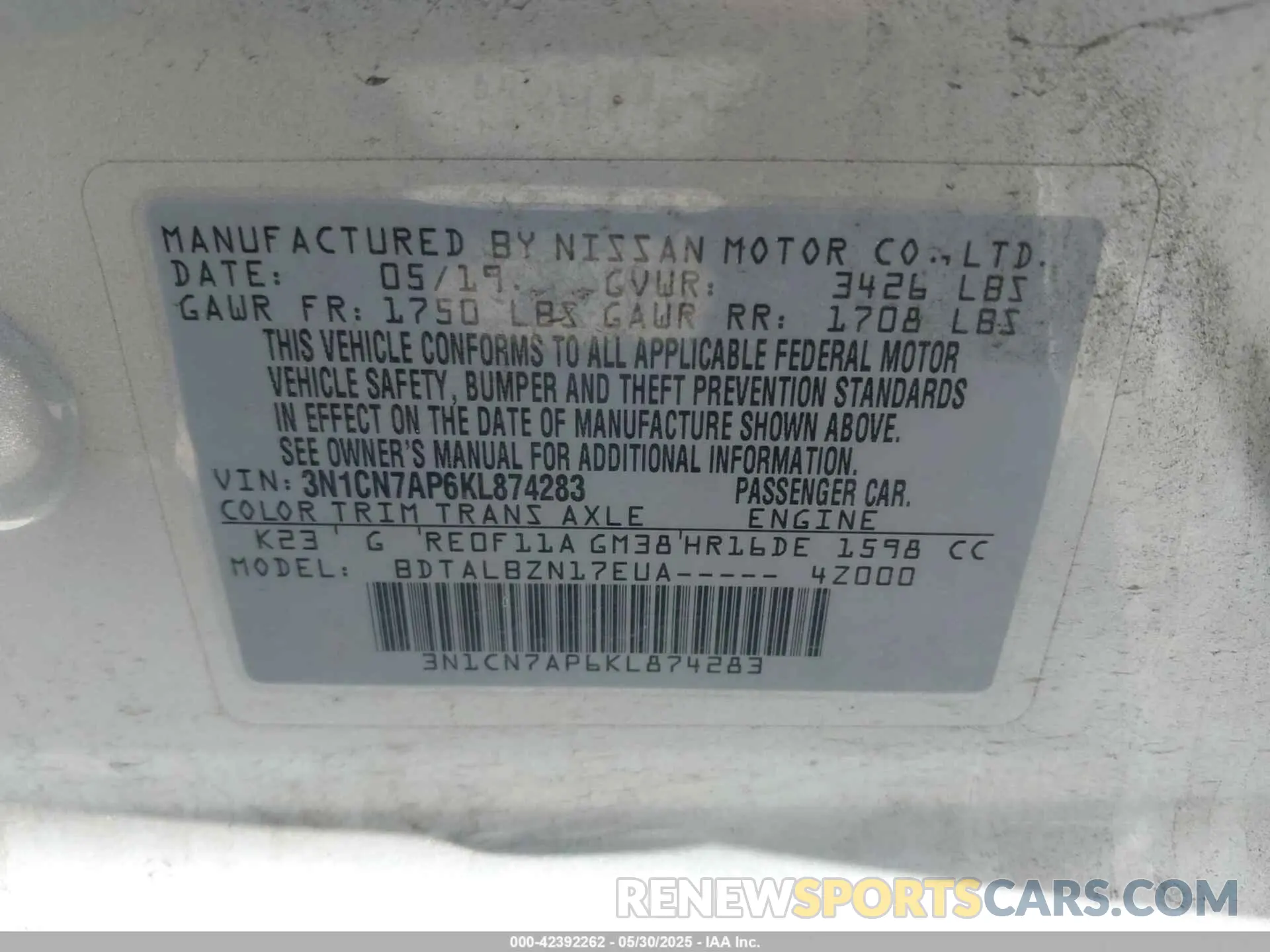 9 Photograph of a damaged car 3N1CN7AP6KL874283 NISSAN VERSA 2019