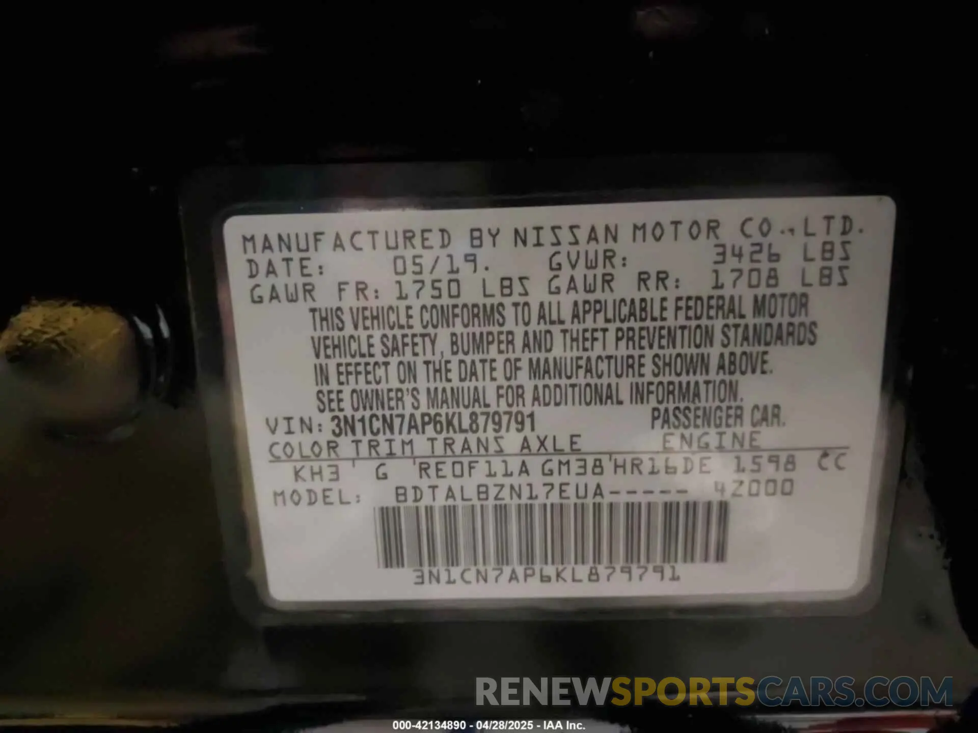 9 Photograph of a damaged car 3N1CN7AP6KL879791 NISSAN VERSA 2019