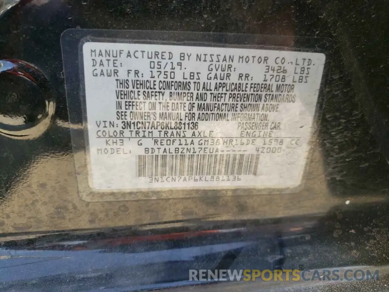 15 Photograph of a damaged car 3N1CN7AP6KL881136 NISSAN VERSA 2019