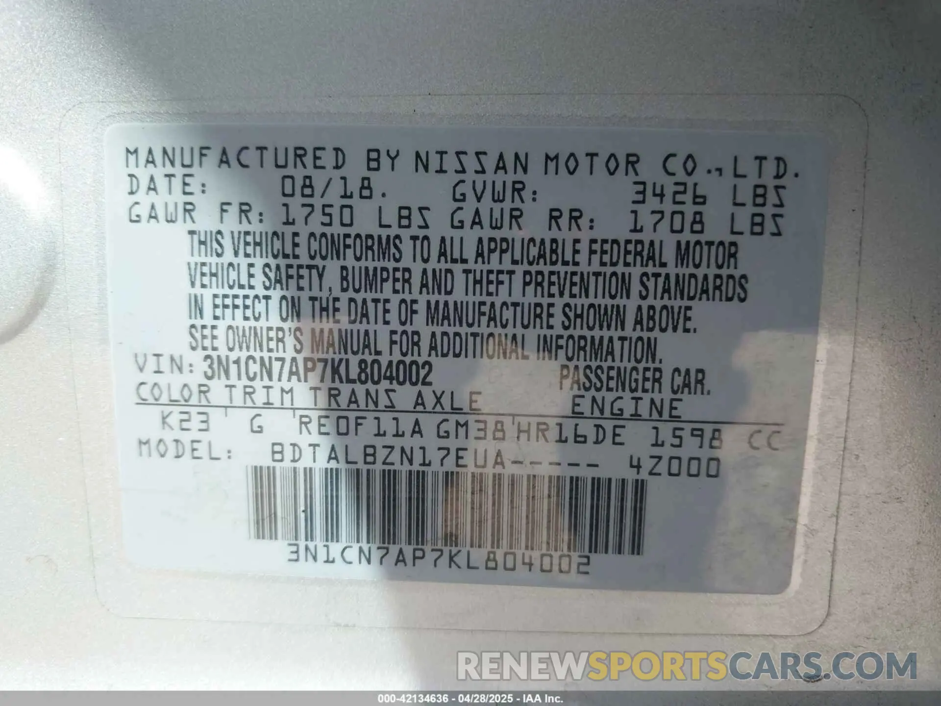 9 Photograph of a damaged car 3N1CN7AP7KL804002 NISSAN VERSA 2019