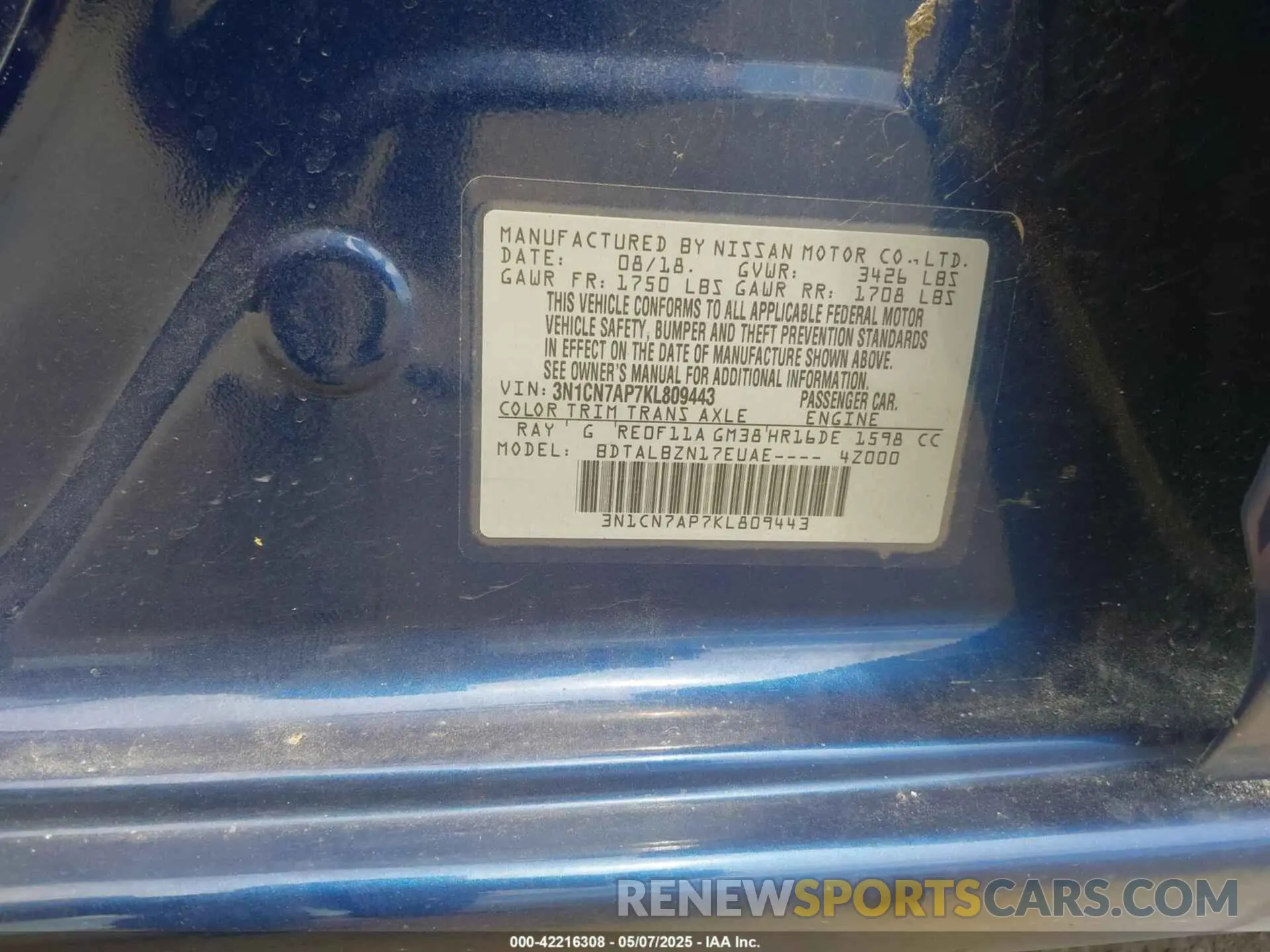 9 Photograph of a damaged car 3N1CN7AP7KL809443 NISSAN VERSA 2019
