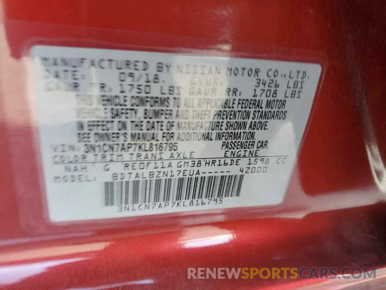 12 Photograph of a damaged car 3N1CN7AP7KL816795 NISSAN VERSA 2019