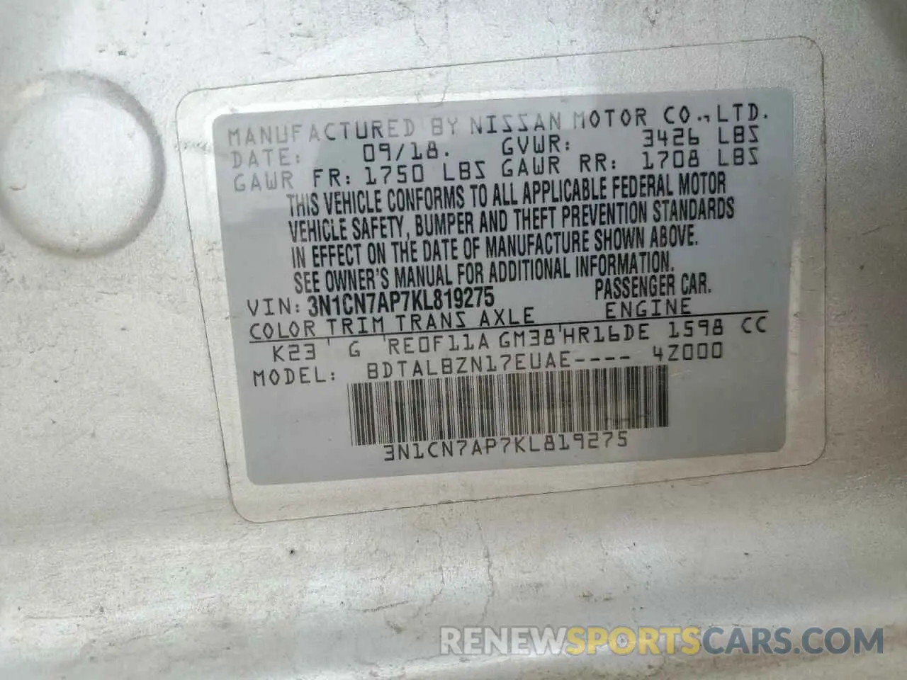 13 Photograph of a damaged car 3N1CN7AP7KL819275 NISSAN VERSA 2019