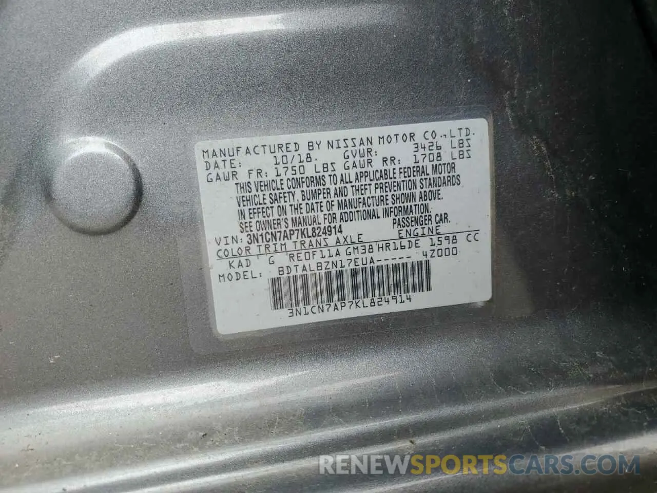 13 Photograph of a damaged car 3N1CN7AP7KL824914 NISSAN VERSA 2019