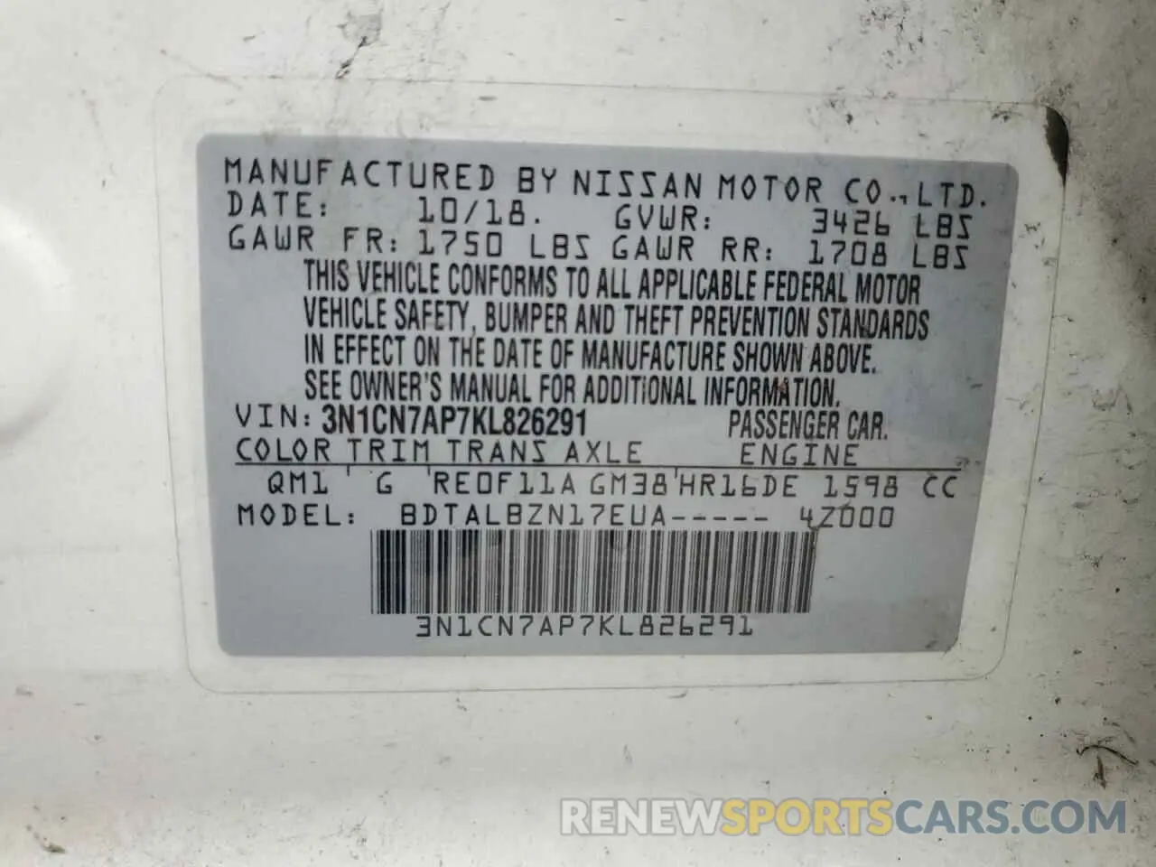 12 Photograph of a damaged car 3N1CN7AP7KL826291 NISSAN VERSA 2019