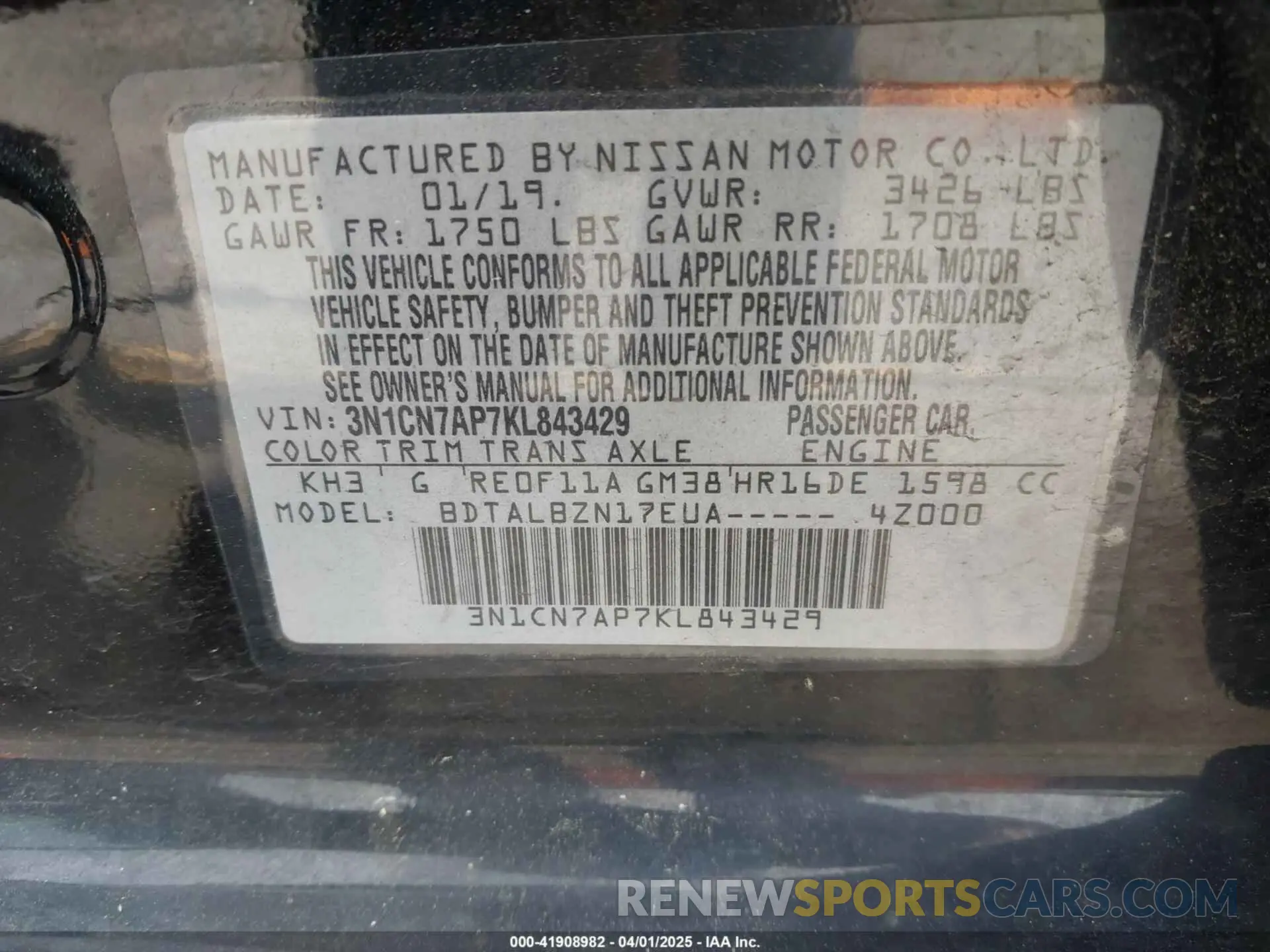 9 Photograph of a damaged car 3N1CN7AP7KL843429 NISSAN VERSA 2019