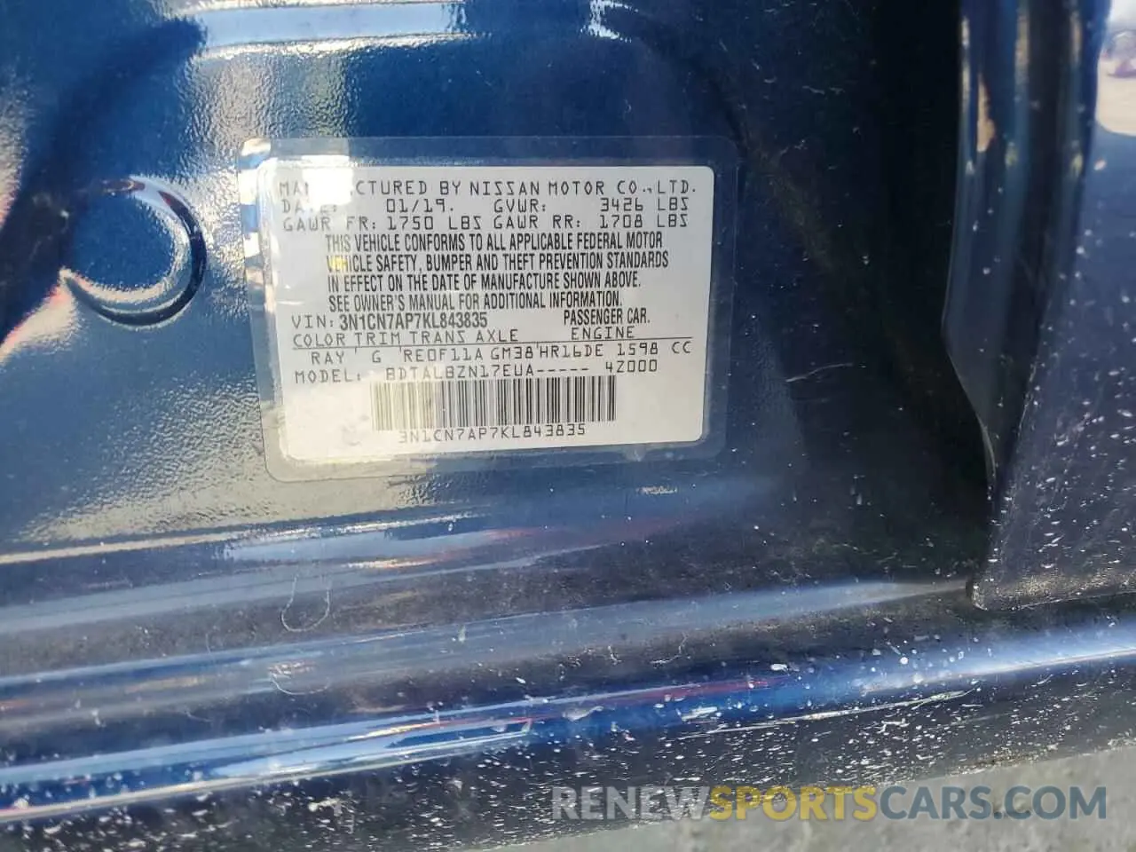 12 Photograph of a damaged car 3N1CN7AP7KL843835 NISSAN VERSA 2019