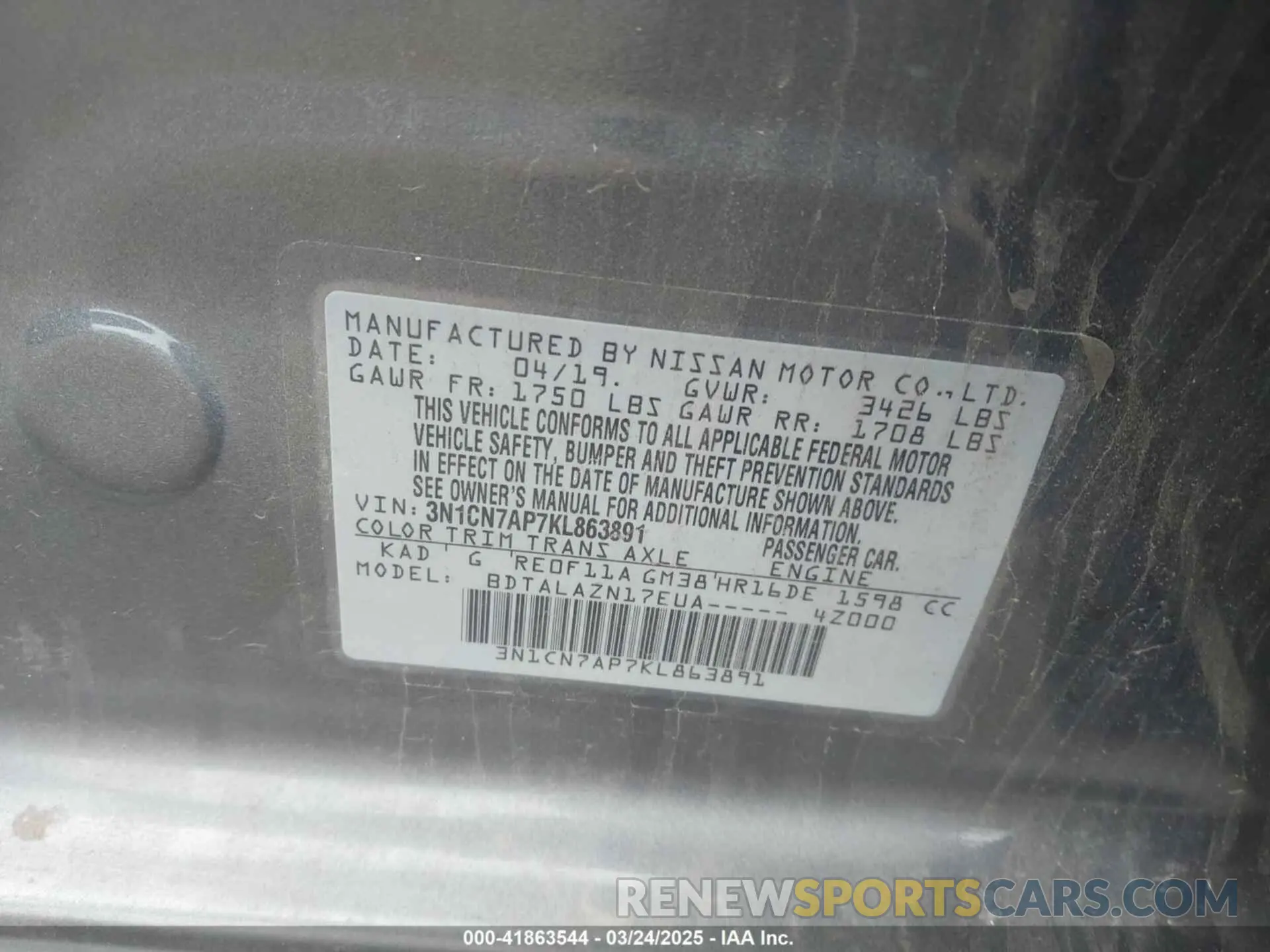 9 Photograph of a damaged car 3N1CN7AP7KL863891 NISSAN VERSA 2019