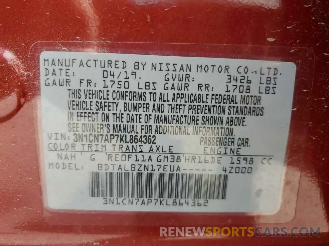 12 Photograph of a damaged car 3N1CN7AP7KL864362 NISSAN VERSA 2019