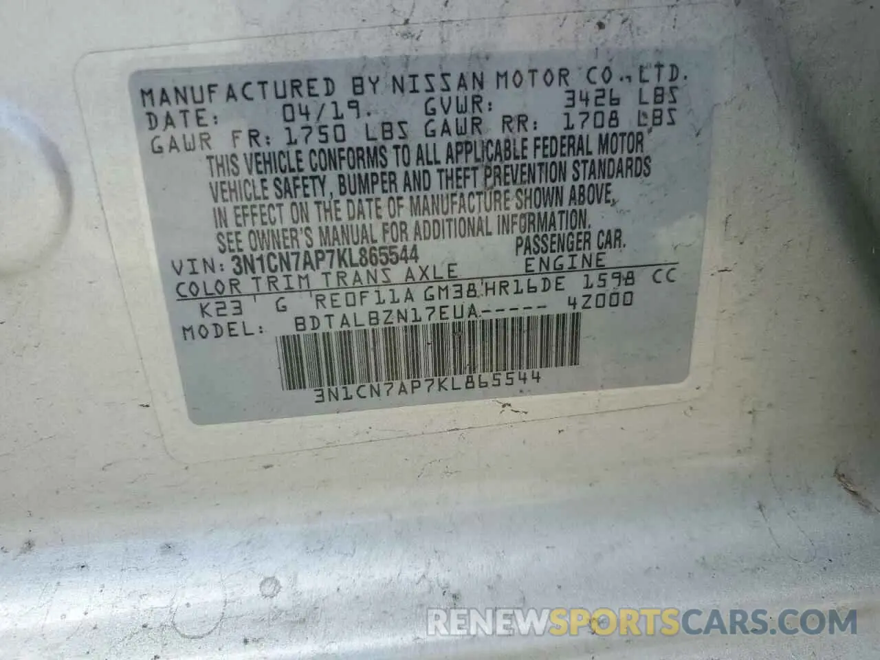 12 Photograph of a damaged car 3N1CN7AP7KL865544 NISSAN VERSA 2019
