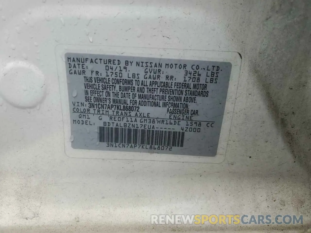 12 Photograph of a damaged car 3N1CN7AP7KL868072 NISSAN VERSA 2019