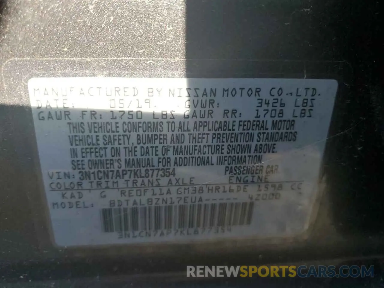 9 Photograph of a damaged car 3N1CN7AP7KL877354 NISSAN VERSA 2019