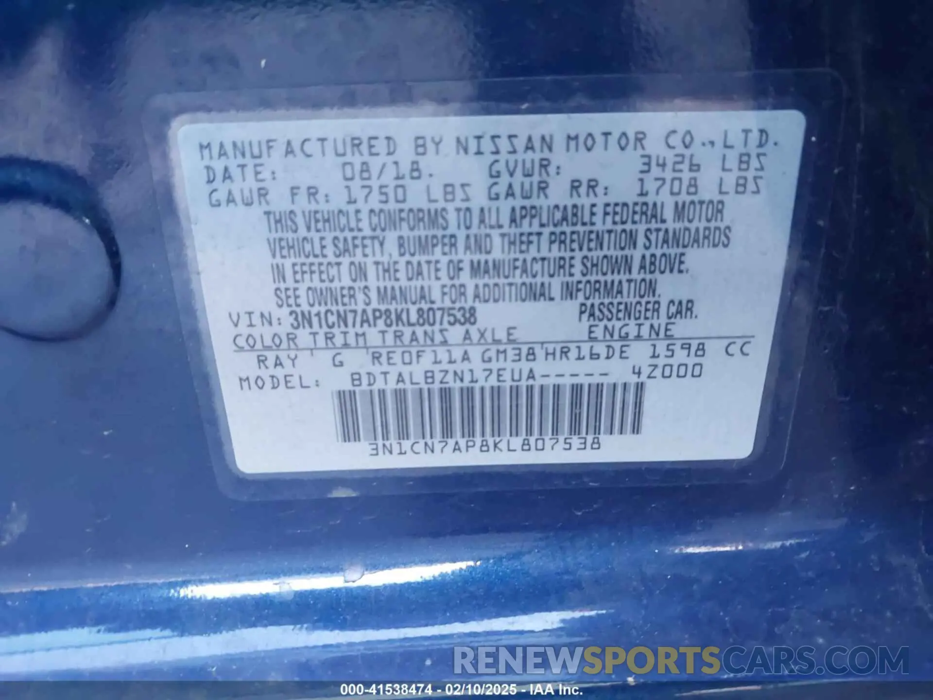 9 Photograph of a damaged car 3N1CN7AP8KL807538 NISSAN VERSA 2019