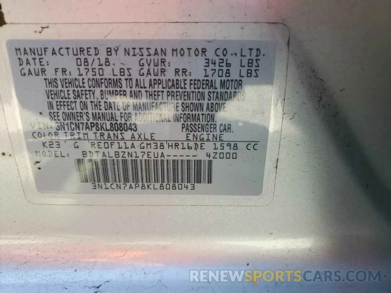 13 Photograph of a damaged car 3N1CN7AP8KL808043 NISSAN VERSA 2019