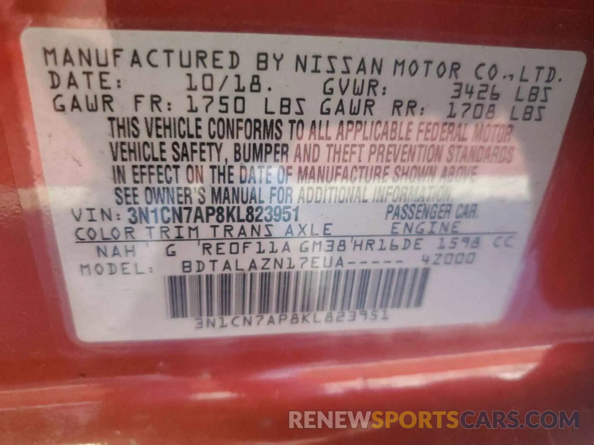 2 Photograph of a damaged car 3N1CN7AP8KL823951 NISSAN VERSA 2019