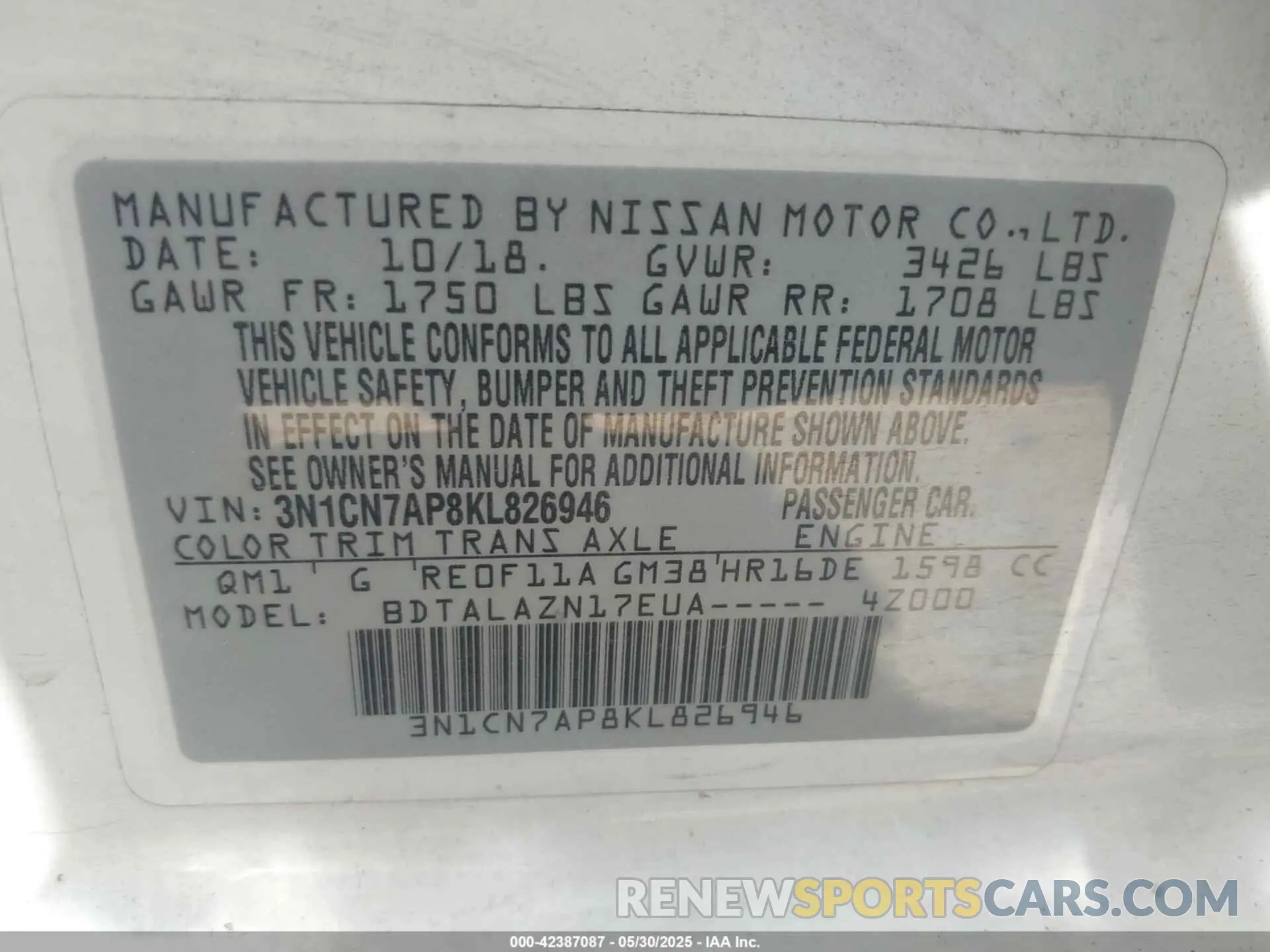 9 Photograph of a damaged car 3N1CN7AP8KL826946 NISSAN VERSA 2019