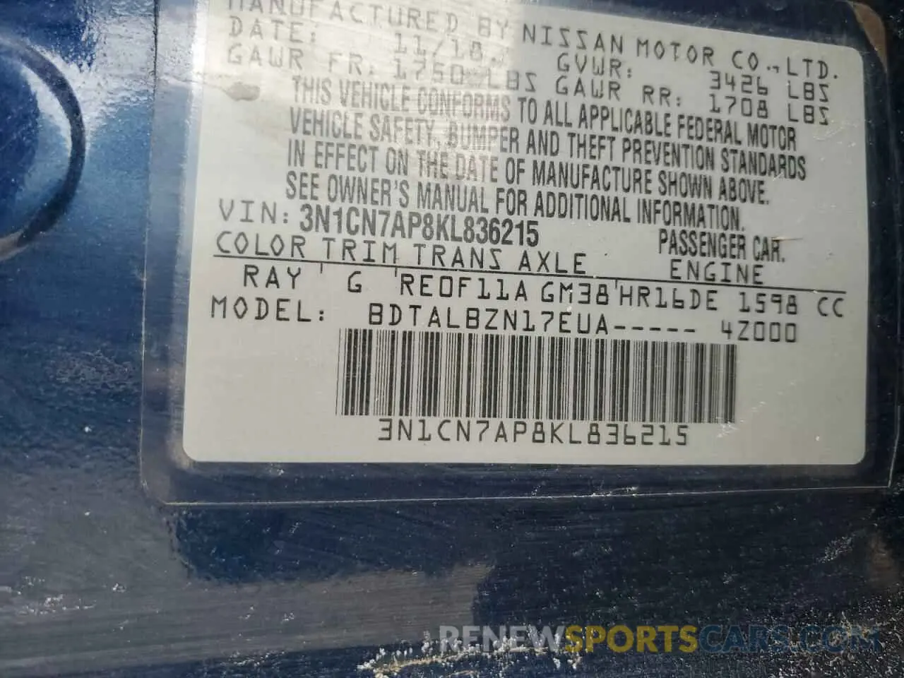 13 Photograph of a damaged car 3N1CN7AP8KL836215 NISSAN VERSA 2019