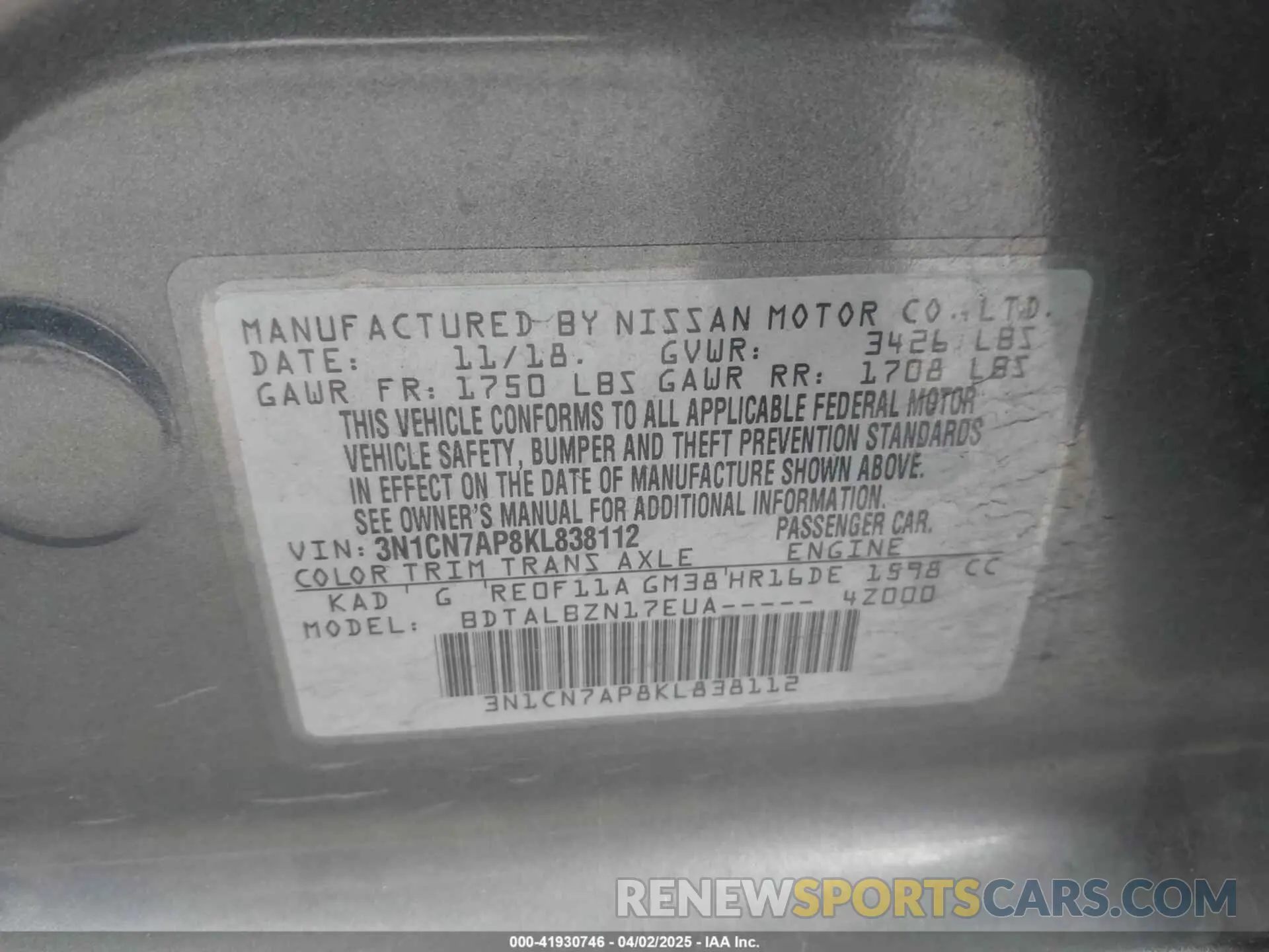 9 Photograph of a damaged car 3N1CN7AP8KL838112 NISSAN VERSA 2019