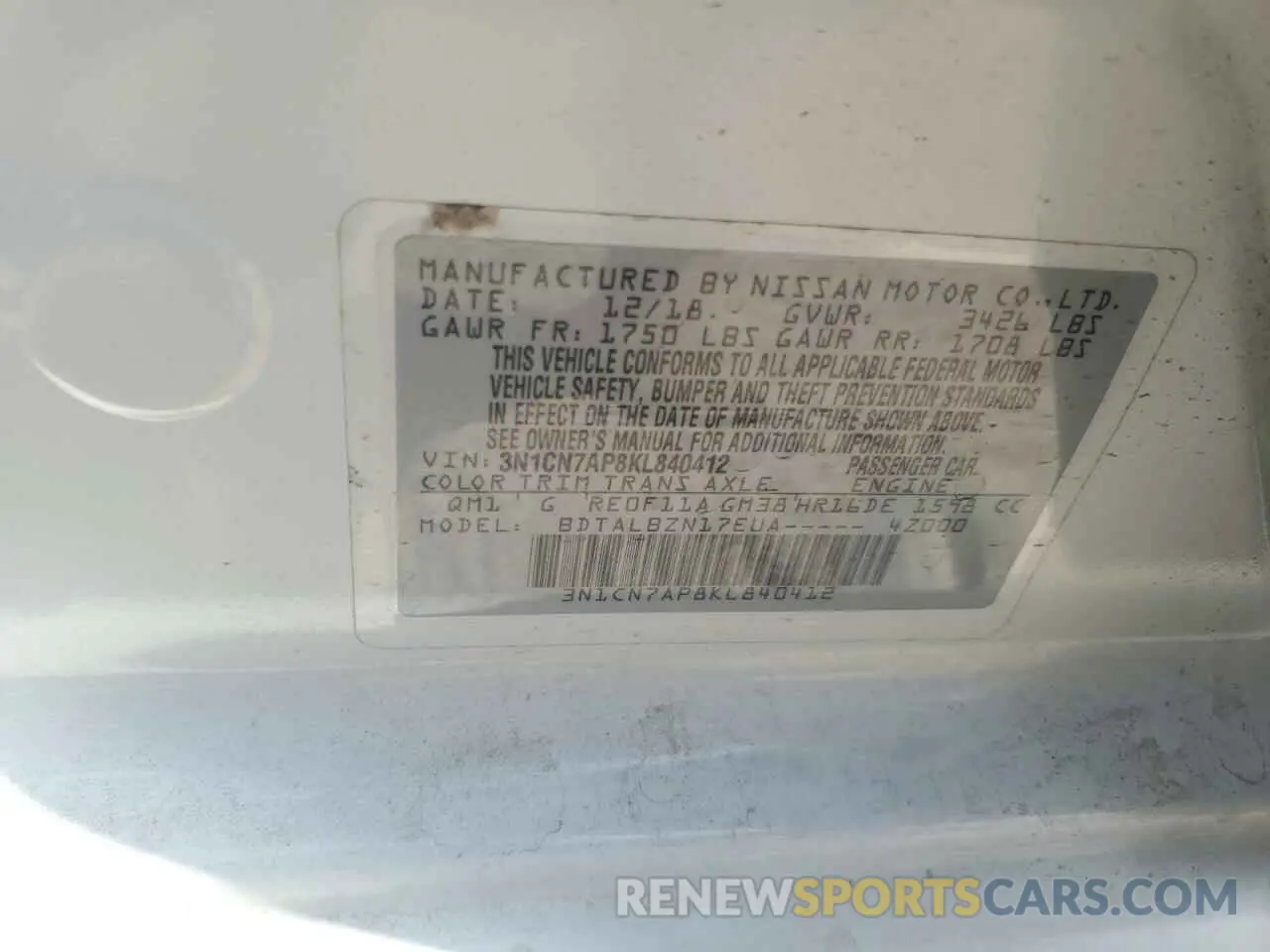 12 Photograph of a damaged car 3N1CN7AP8KL840412 NISSAN VERSA 2019