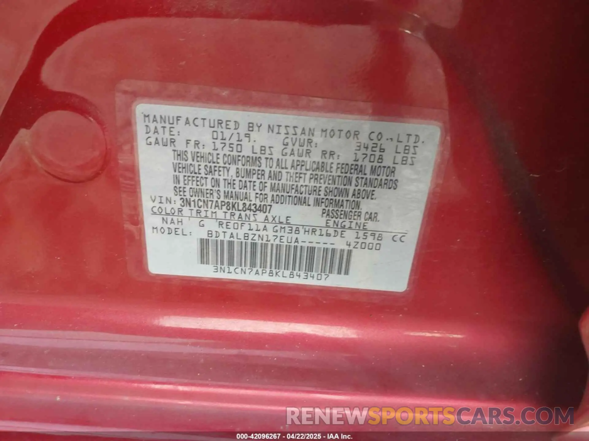 9 Photograph of a damaged car 3N1CN7AP8KL843407 NISSAN VERSA 2019