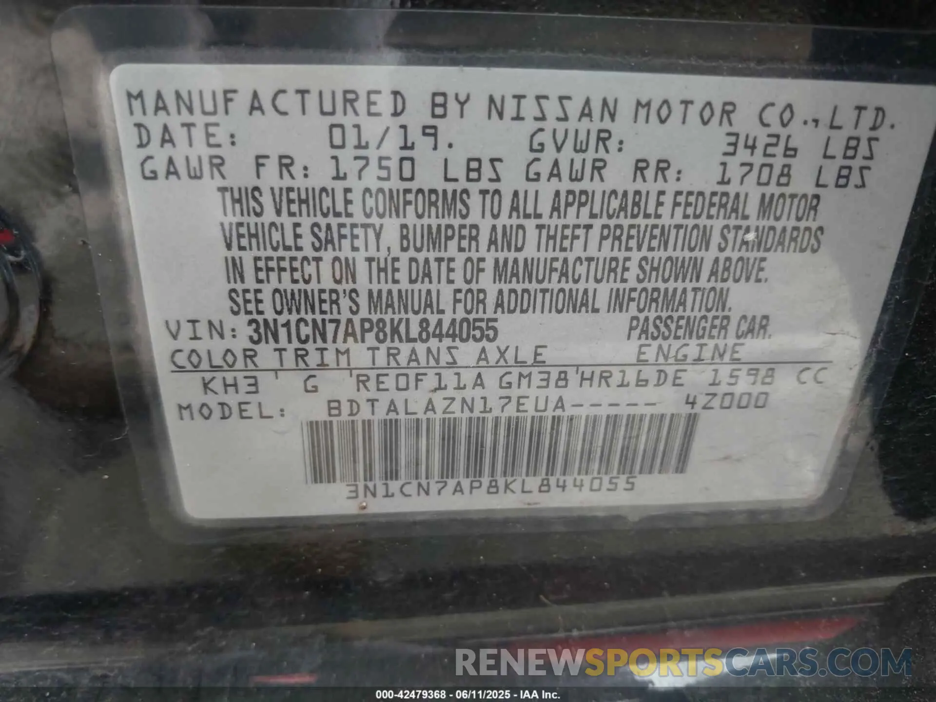 9 Photograph of a damaged car 3N1CN7AP8KL844055 NISSAN VERSA 2019