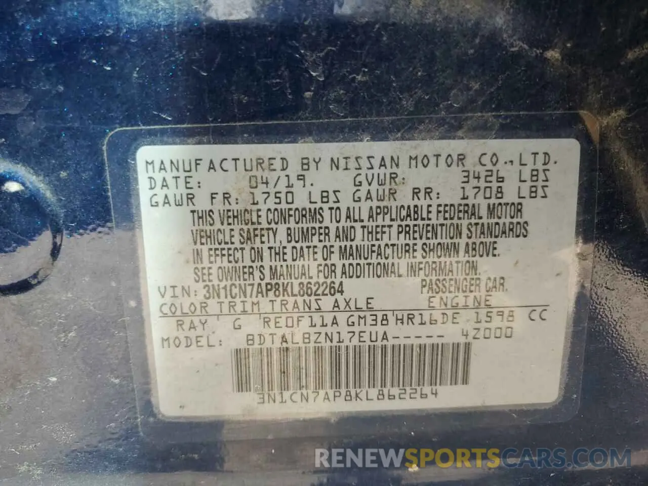 14 Photograph of a damaged car 3N1CN7AP8KL862264 NISSAN VERSA 2019