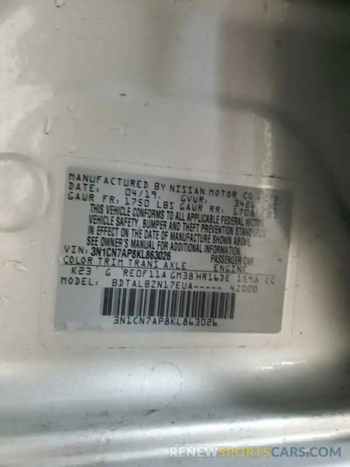 13 Photograph of a damaged car 3N1CN7AP8KL863026 NISSAN VERSA 2019