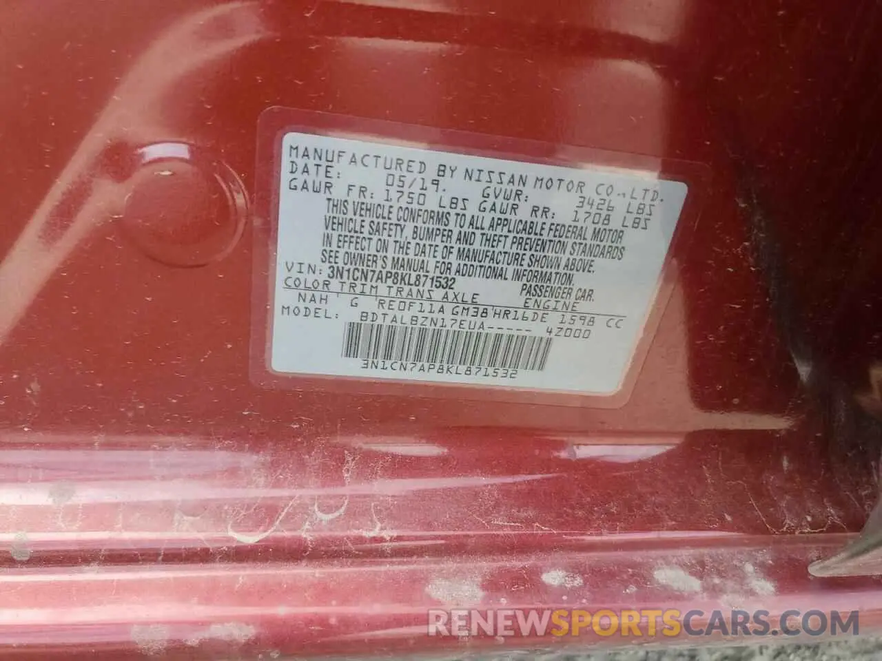 12 Photograph of a damaged car 3N1CN7AP8KL871532 NISSAN VERSA 2019