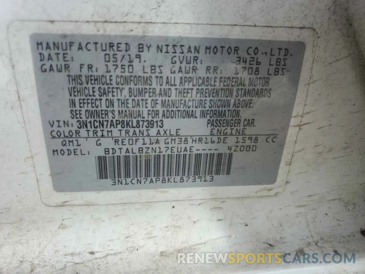 12 Photograph of a damaged car 3N1CN7AP8KL873913 NISSAN VERSA 2019