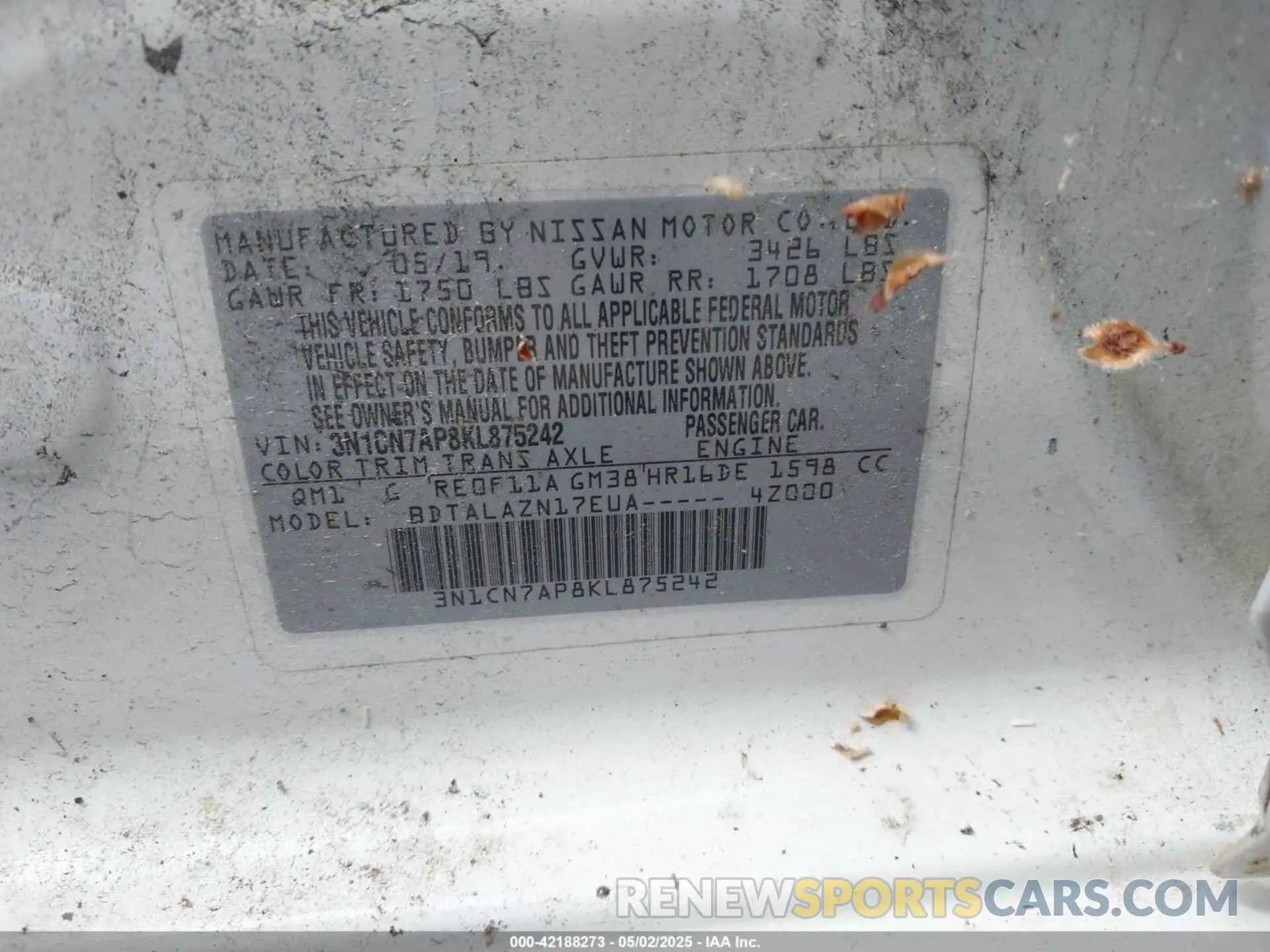 9 Photograph of a damaged car 3N1CN7AP8KL875242 NISSAN VERSA 2019