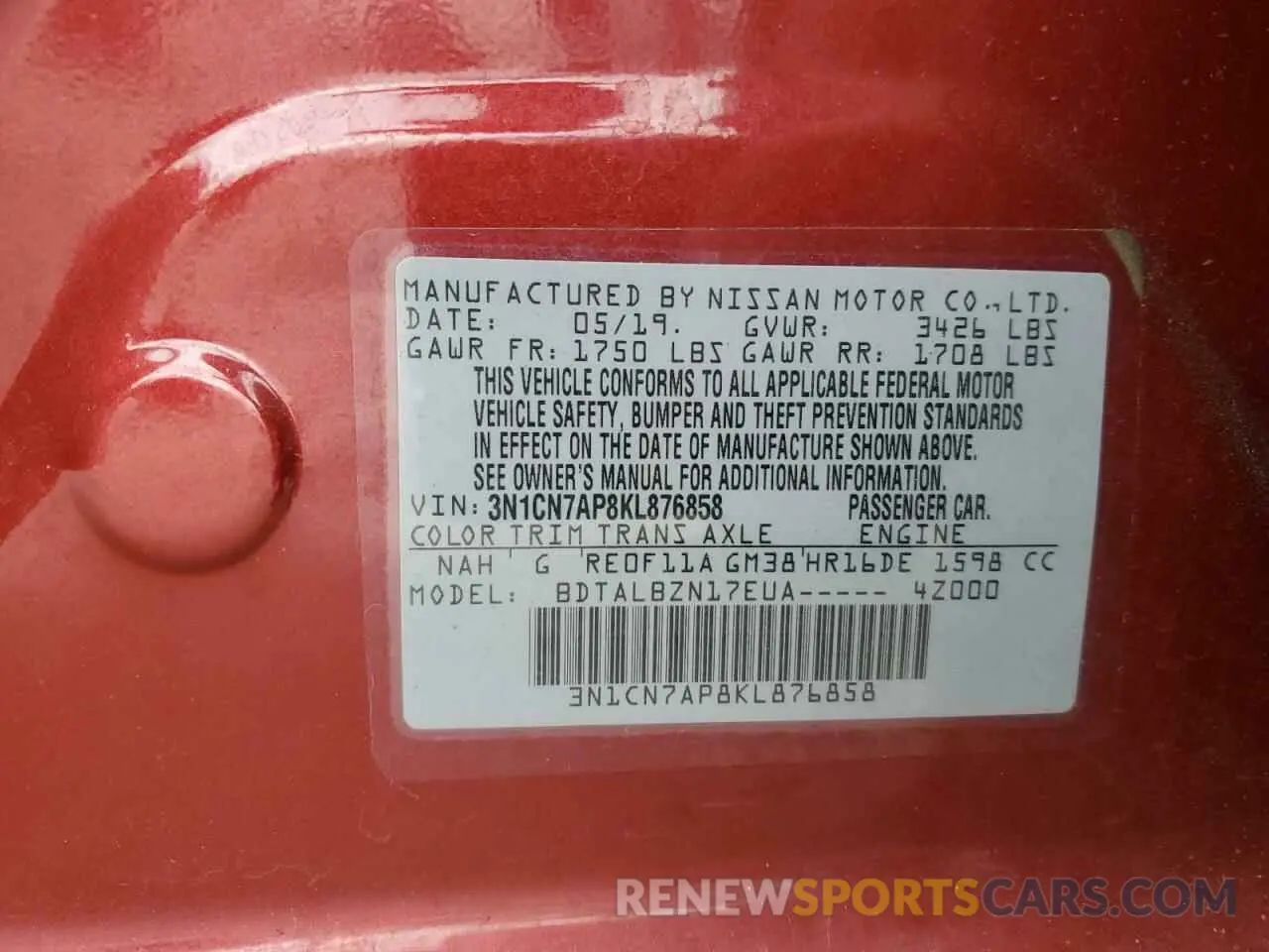 14 Photograph of a damaged car 3N1CN7AP8KL876858 NISSAN VERSA 2019