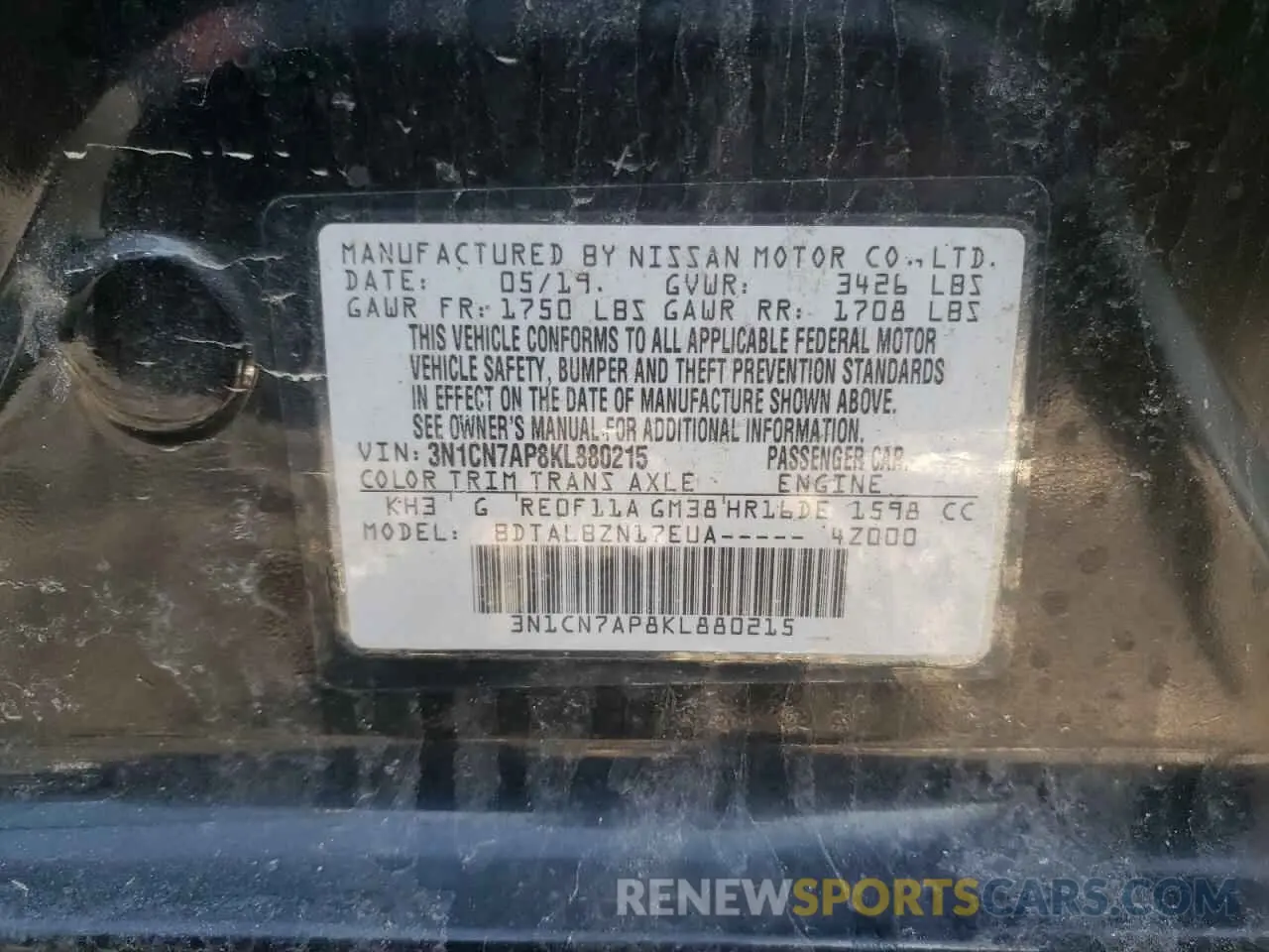 12 Photograph of a damaged car 3N1CN7AP8KL880215 NISSAN VERSA 2019