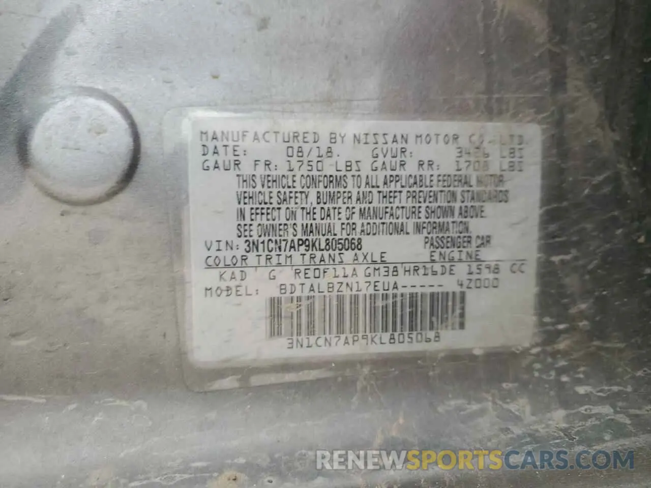 12 Photograph of a damaged car 3N1CN7AP9KL805068 NISSAN VERSA 2019