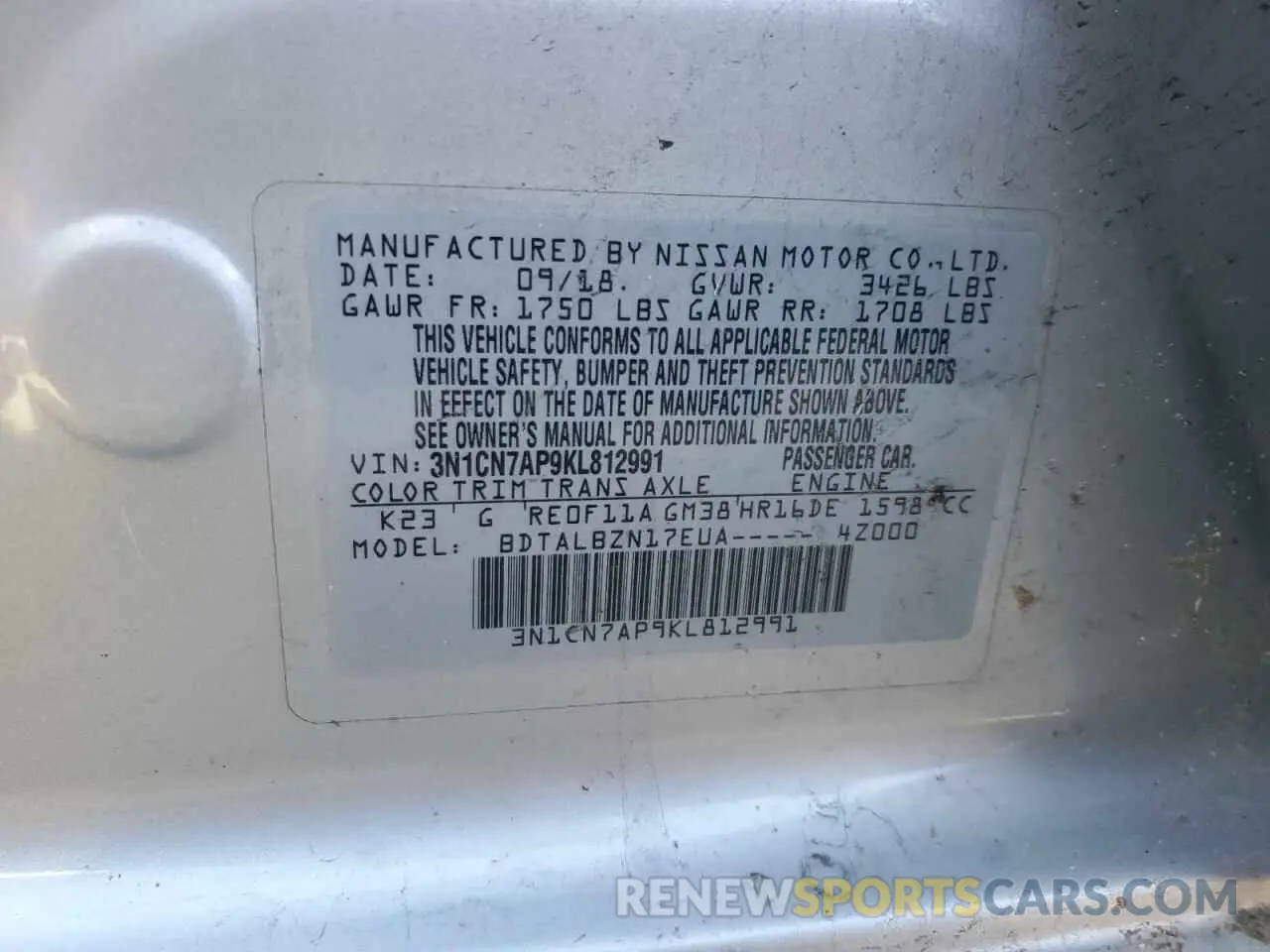 12 Photograph of a damaged car 3N1CN7AP9KL812991 NISSAN VERSA 2019