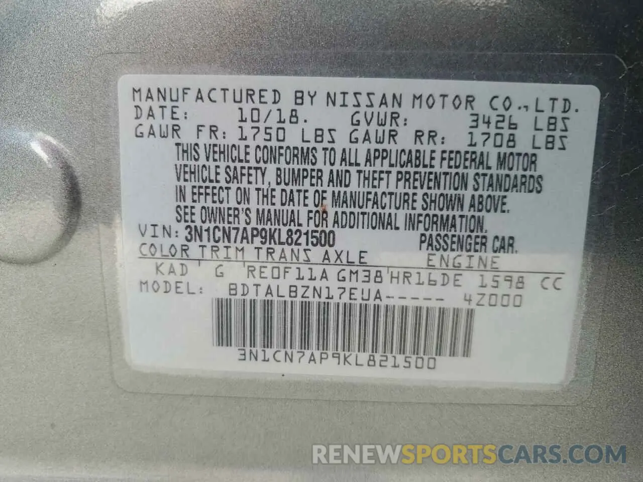 12 Photograph of a damaged car 3N1CN7AP9KL821500 NISSAN VERSA 2019