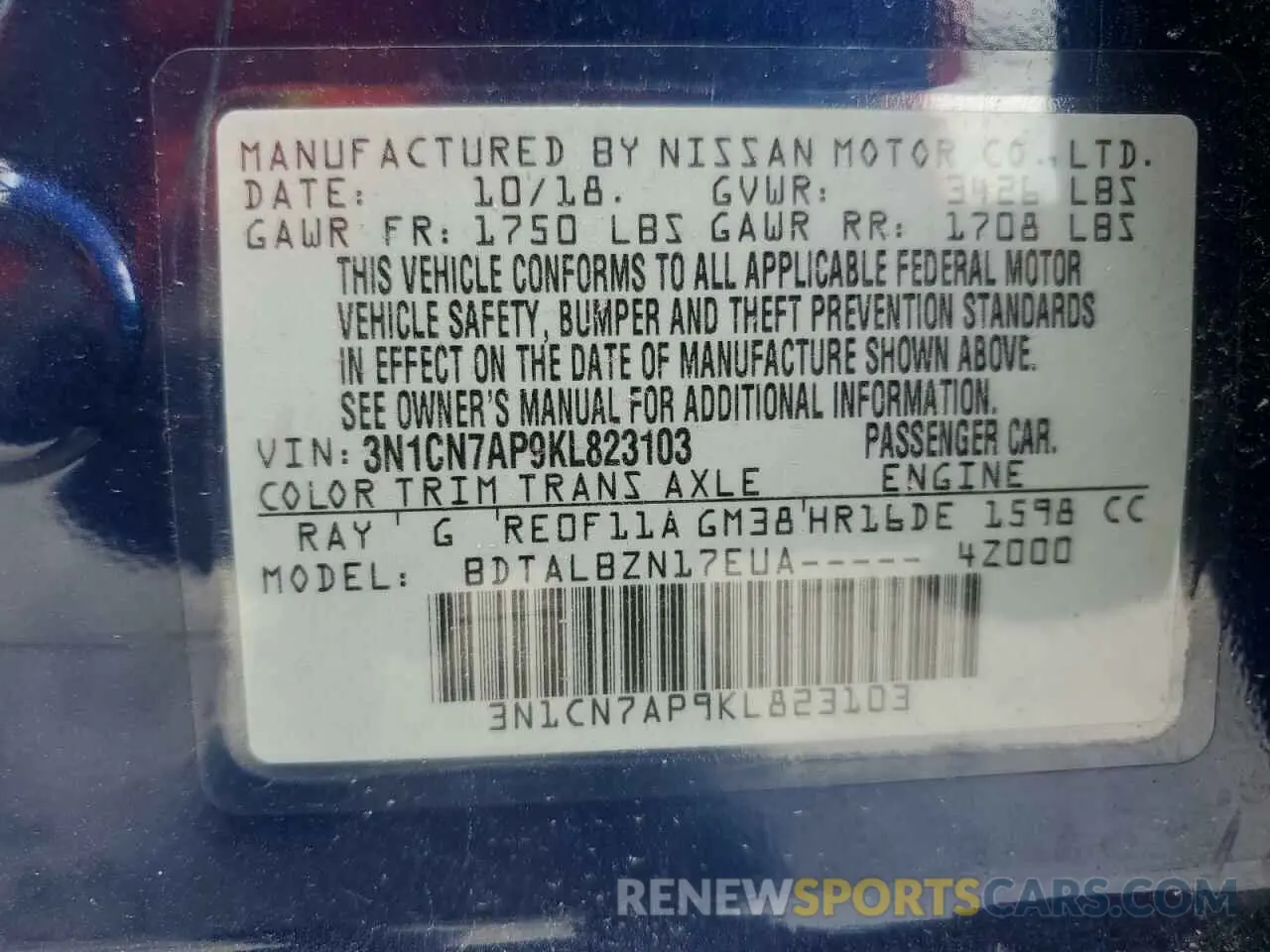 12 Photograph of a damaged car 3N1CN7AP9KL823103 NISSAN VERSA 2019