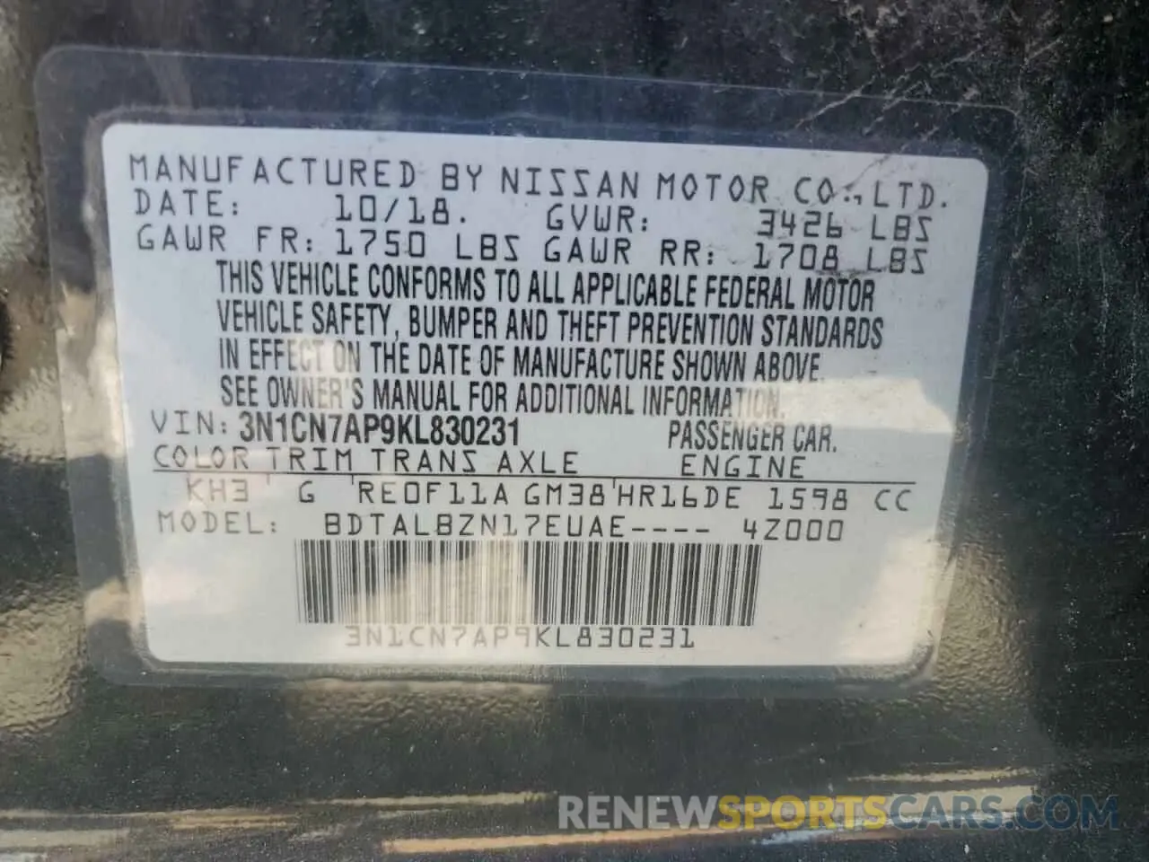 12 Photograph of a damaged car 3N1CN7AP9KL830231 NISSAN VERSA 2019