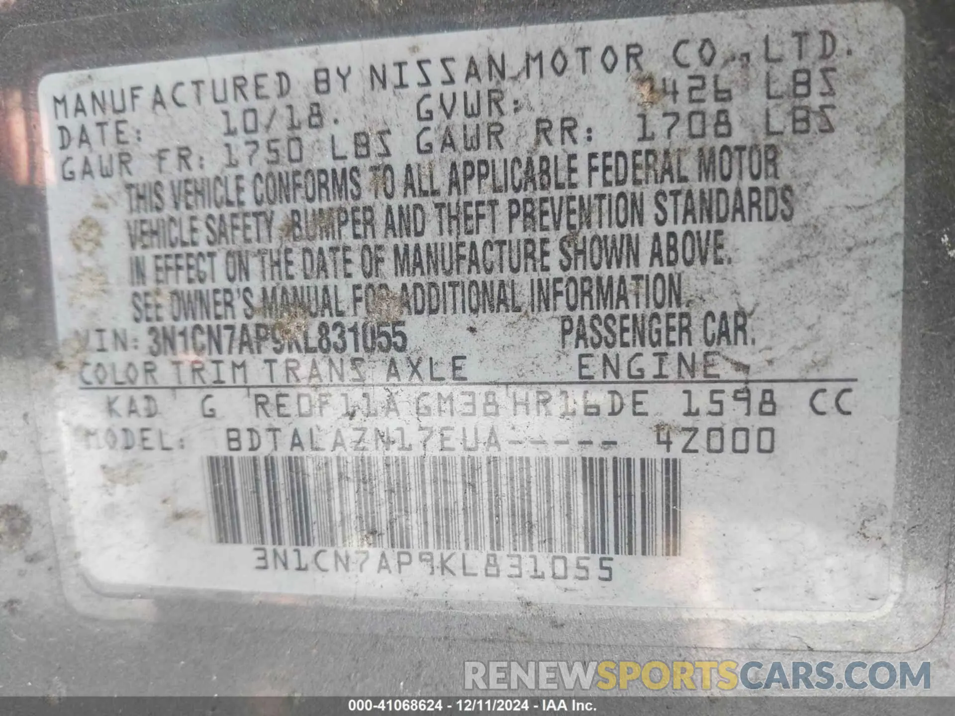 9 Photograph of a damaged car 3N1CN7AP9KL831055 NISSAN VERSA 2019