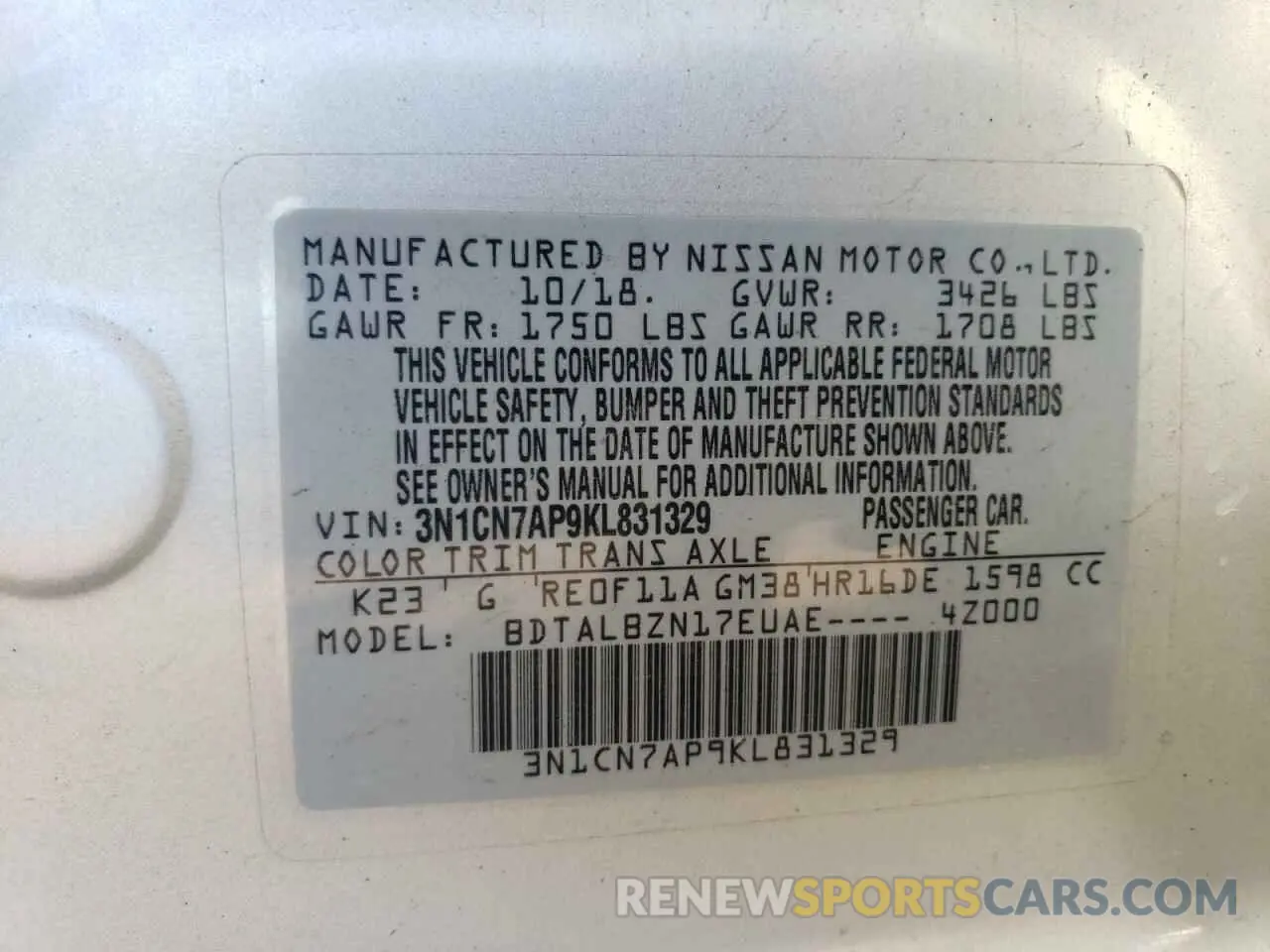 13 Photograph of a damaged car 3N1CN7AP9KL831329 NISSAN VERSA 2019