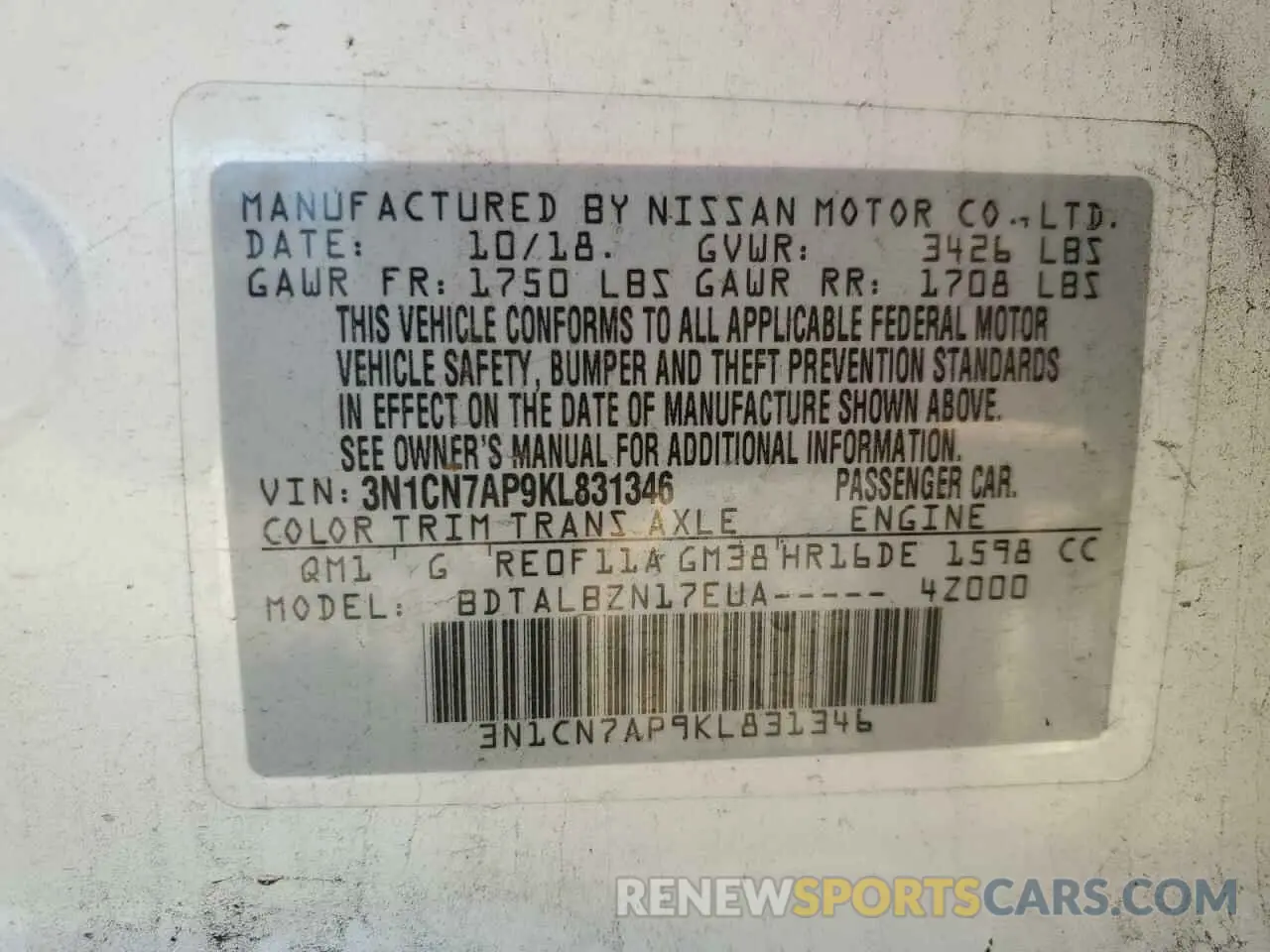 13 Photograph of a damaged car 3N1CN7AP9KL831346 NISSAN VERSA 2019