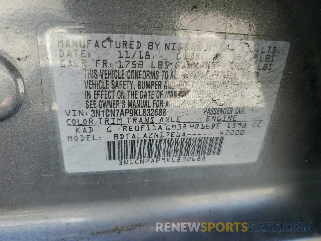 12 Photograph of a damaged car 3N1CN7AP9KL832688 NISSAN VERSA 2019